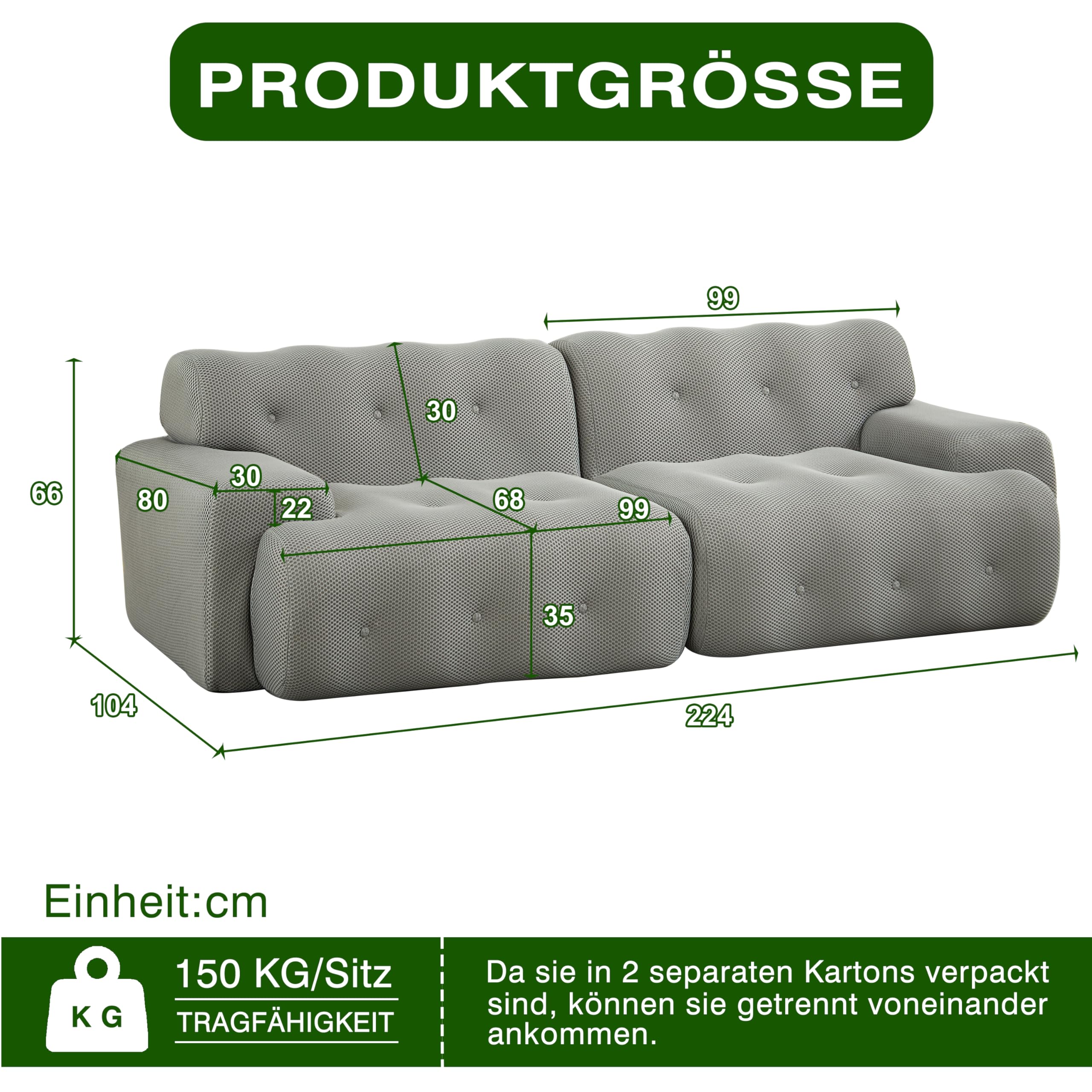 Cloud Sofa 2-osobowa, bardzo duża – modułowa sofa bez boneless z ornamentem na guziki, szerokie podłokietniki, łukowata, bez montażu, dzianina 3D, do salonu, szara