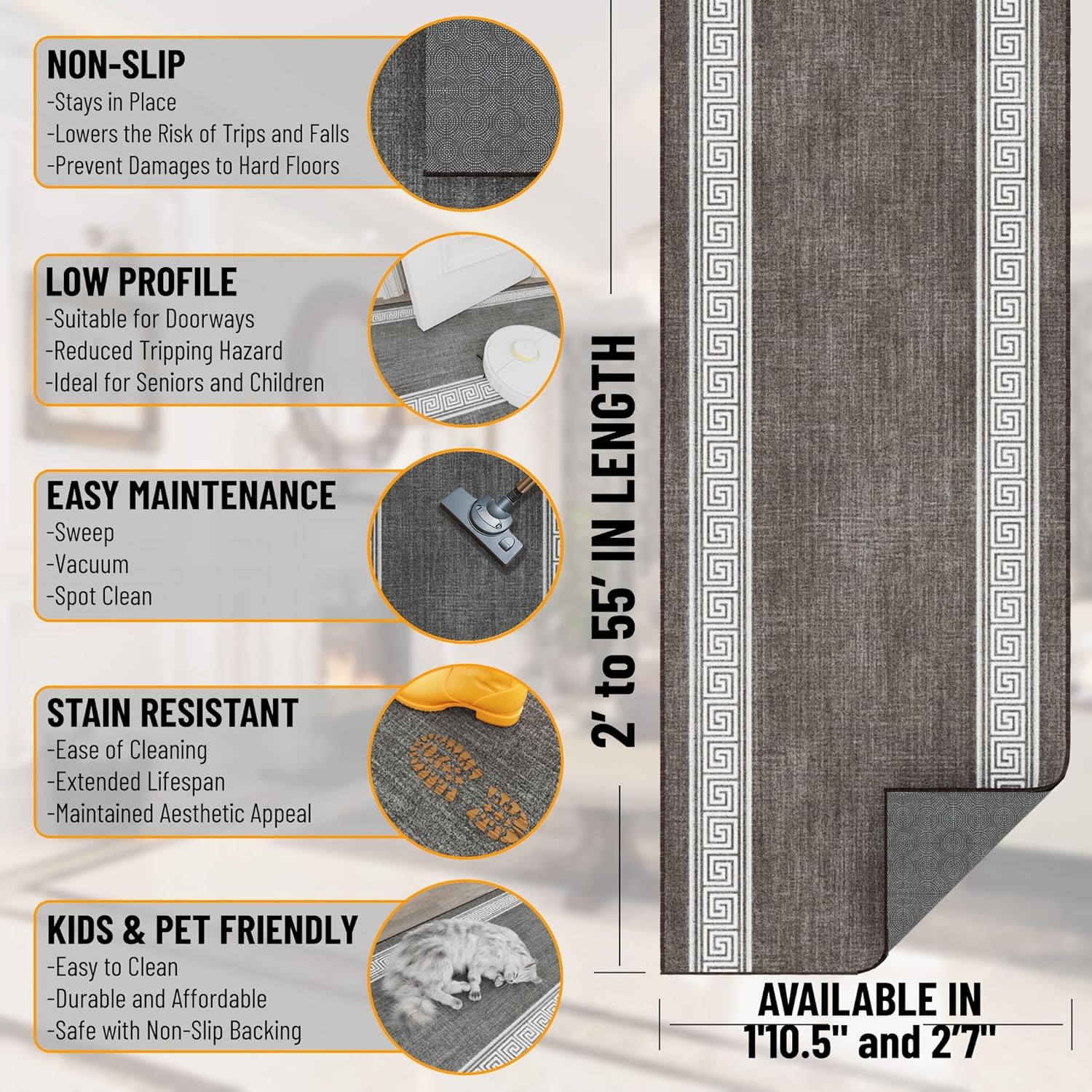 ottomanson kitchen runner rug 1'10.5" x 6' – machine washable soft non-slip rug, quick dry low pile carpet for kitchen, bathroom & entryway, greek border brown greek border brown 22" wide 1'10" x 6' (22" wide)