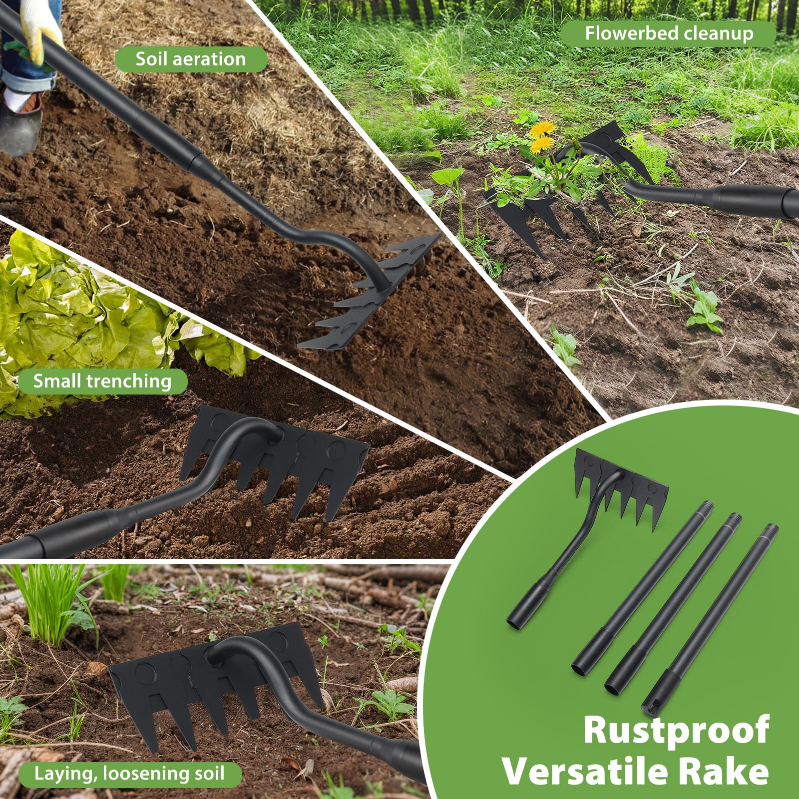 Garten Harke, 140cm Langer Griff, 6 Zinken Schwerlast Gartenrechen Metal Kohlenstoffstahl Garten Rechen, Unkraut Handrechen, Garten Hinterhof Rechen, Gartengeräte Unkraut Hacke Für Jäten Lockern