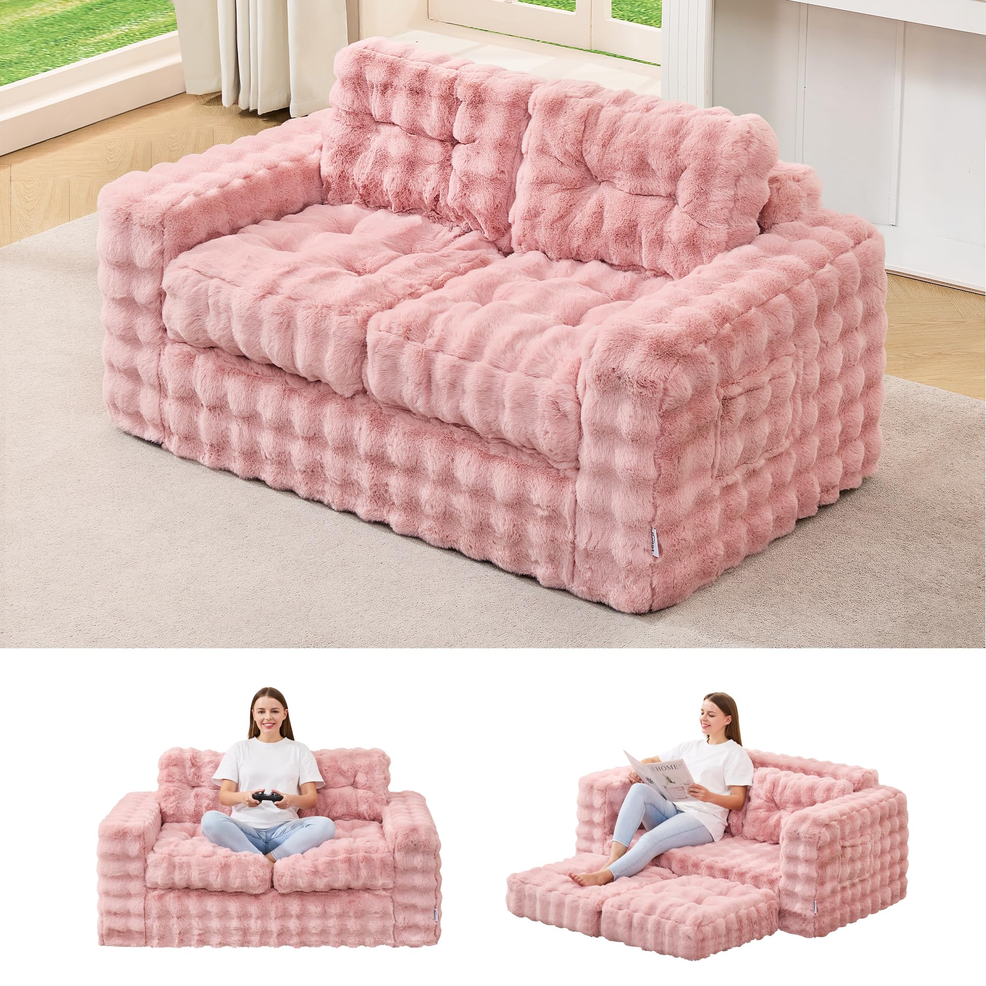 Hobestluk Sofa Couch Loveseat Sofa with Bubble Fabric 2-Seater Sofa for Small Spaces Comfortable Foam Floor Sofa 2