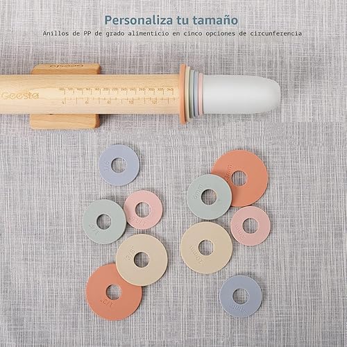 Miniatura 3 de Geesta - Rodillo de madera ajustable con 5 anillos de grosor, diseño de mango de prensa de rodillo de masa preciso con guía de medición