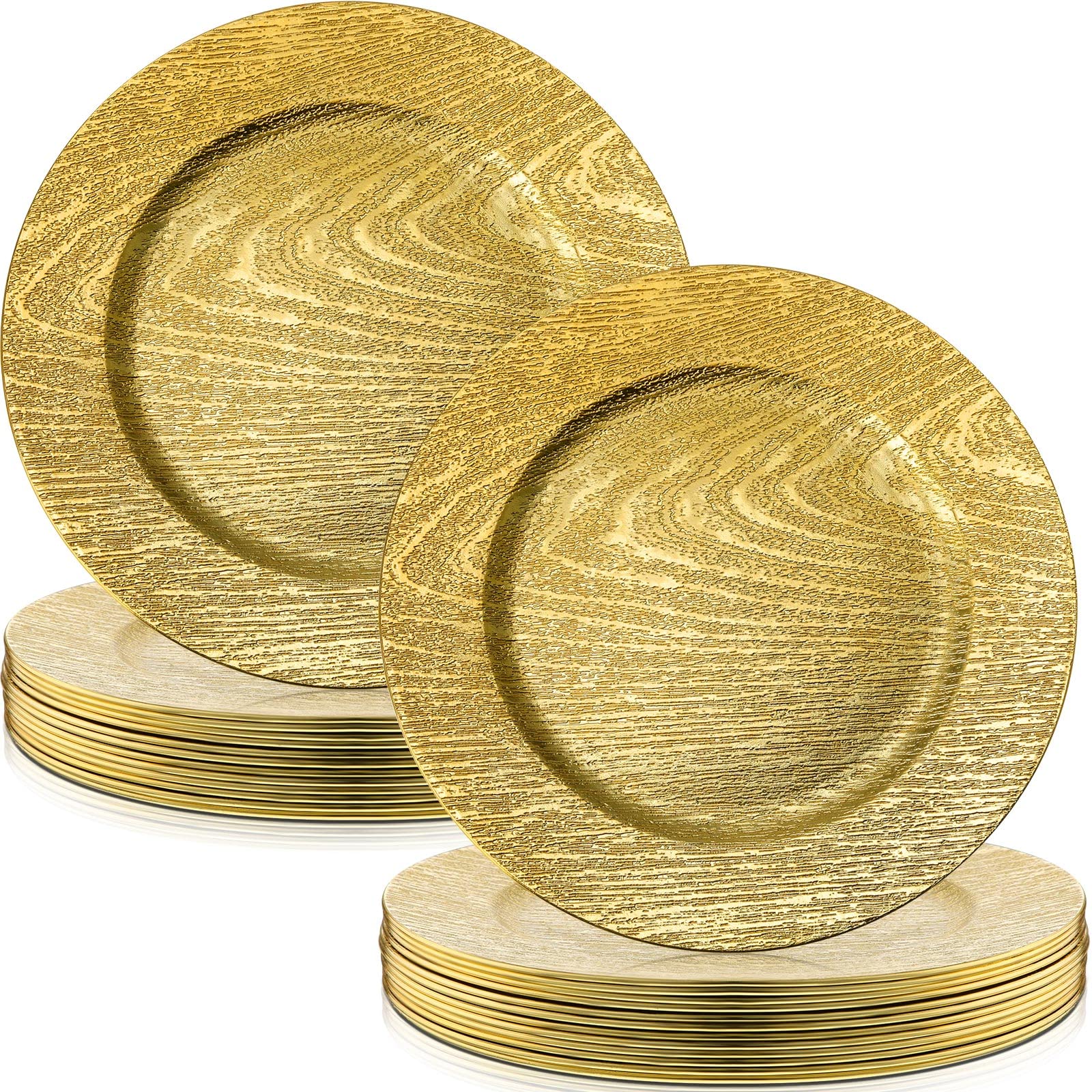 Zopeal 18 Pieces Gold Round Charger Plates 13 Inches Wood Grain Textured Wedding Party Dinner Servers Rustic Decorative Plastic Chargers for Dinner Plates for Banquets Anniversary Baby Shower Party