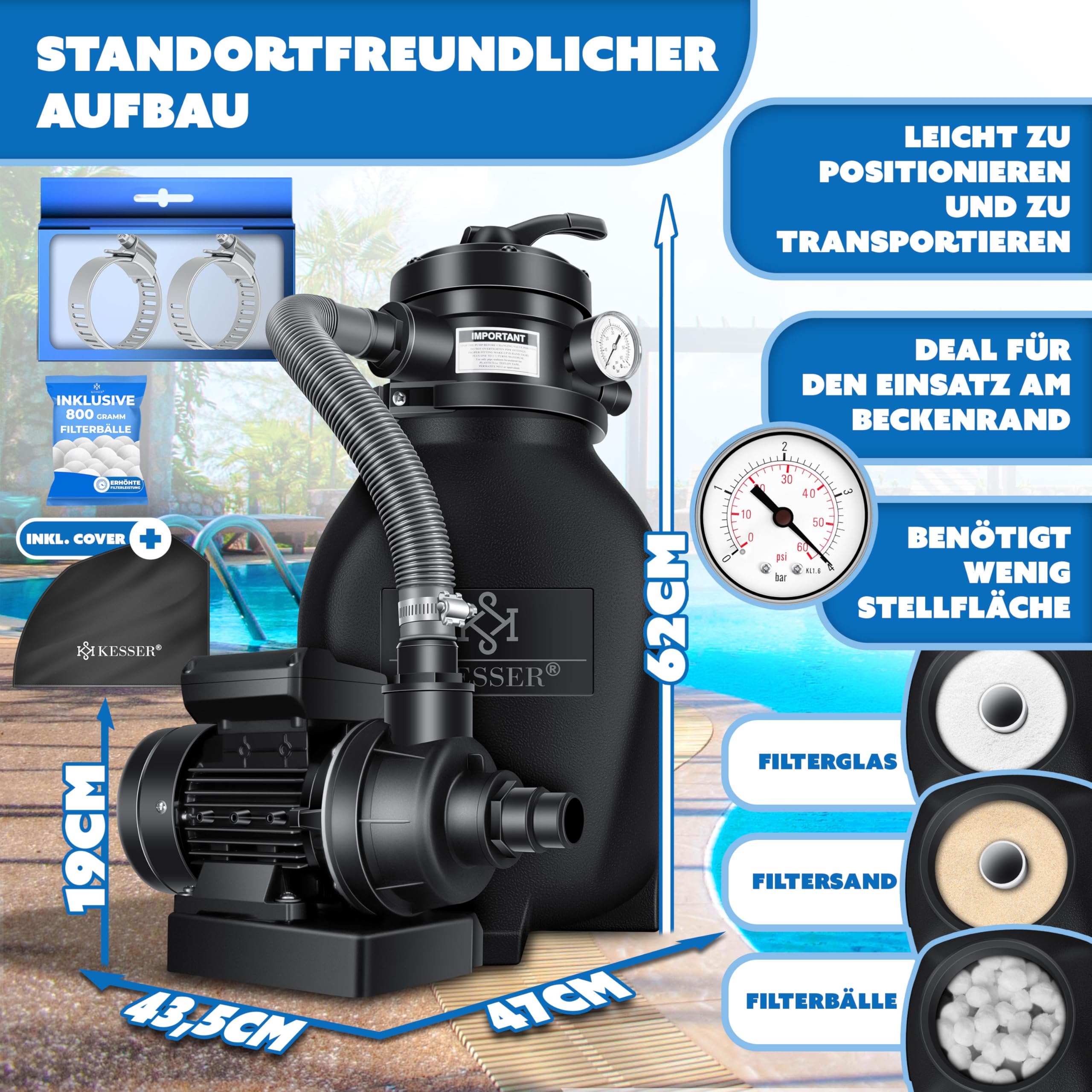 KESSER® Filtro a Sabbia - Sistema di filtraggio a Sabbia + 700 g di Sfere filtranti sostituiscono 25 kg di Sabbia filtrante per Piscine - Filtro per Piscine 10 mġ/h - Sistema filtrante