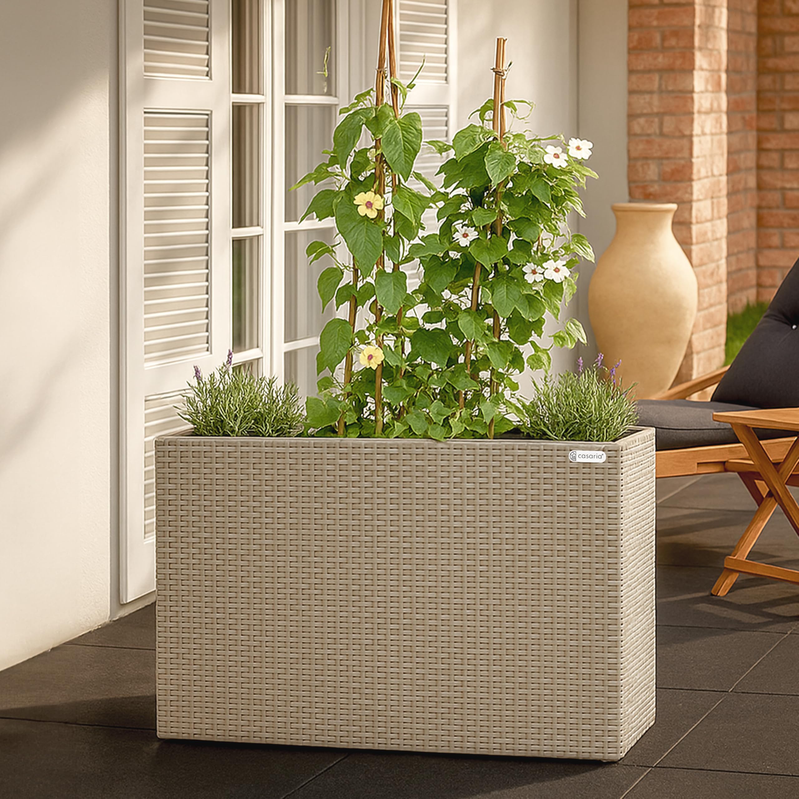 CASARIA Macetero de Poliratán para Exterior jardín 4 Macetas Drenaje de Agua 95 x 27 x 60 cm Jardinera Crema