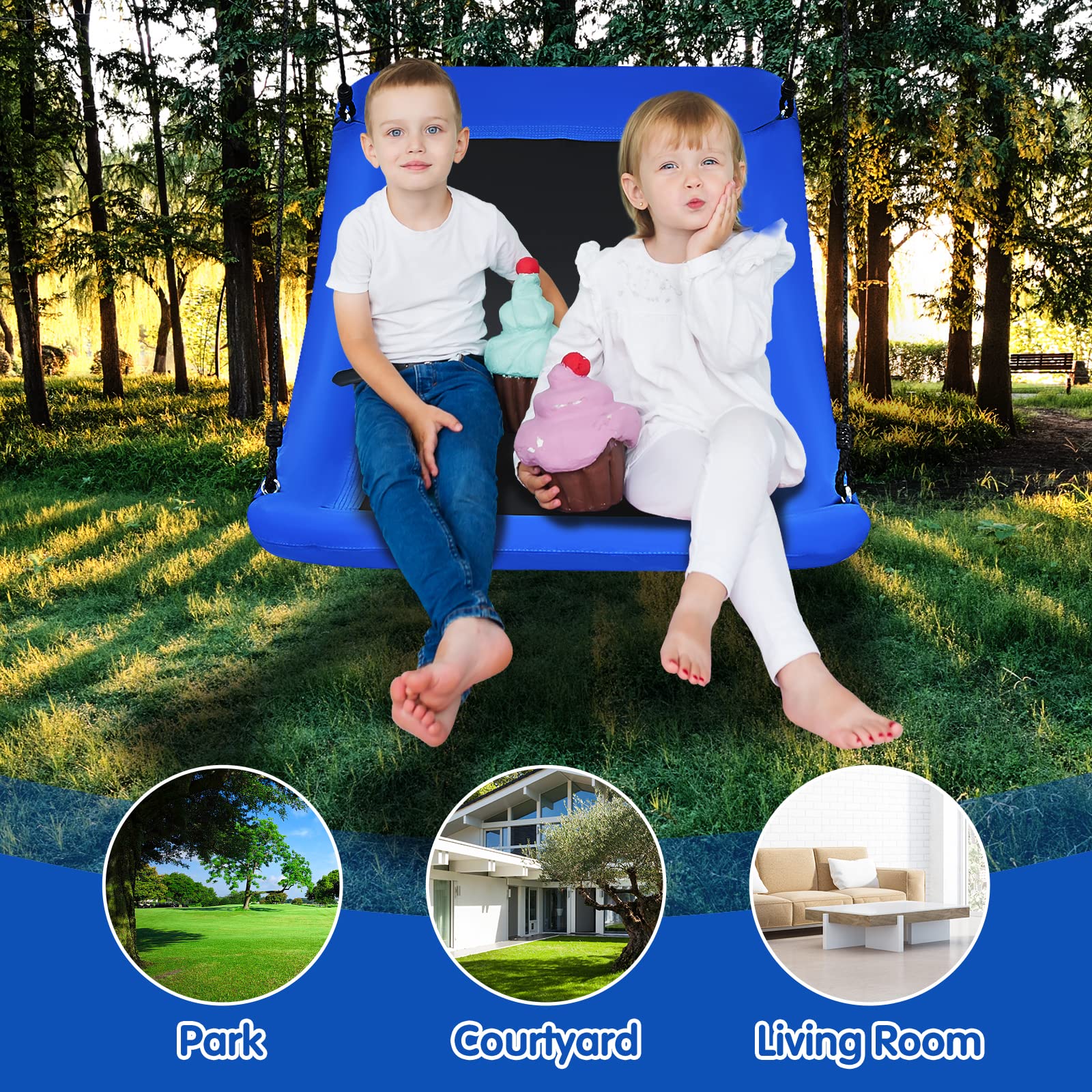 KOMFOTTEU Altalena con corde regolabili per bambini e adulti | Dondolo da giardino 150 cm x 80 cm, portata fino a 150 kg, per interni ed esterni, blu