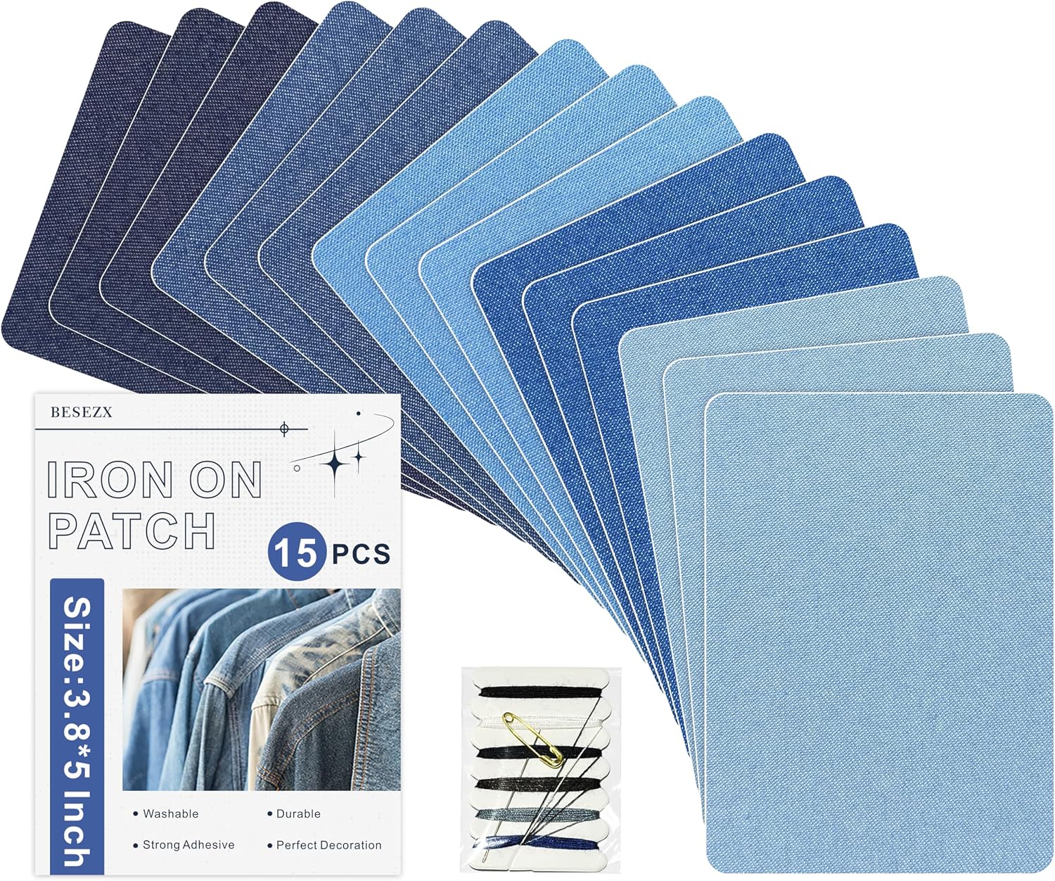 Iron on Patches for Jeans Kit, 15PCS Patches for Jeans, Iron on Denim Patches for Inside Jeans, Clothing, Denim, Knee, Pants 3.8" by 5" (Five Color)
