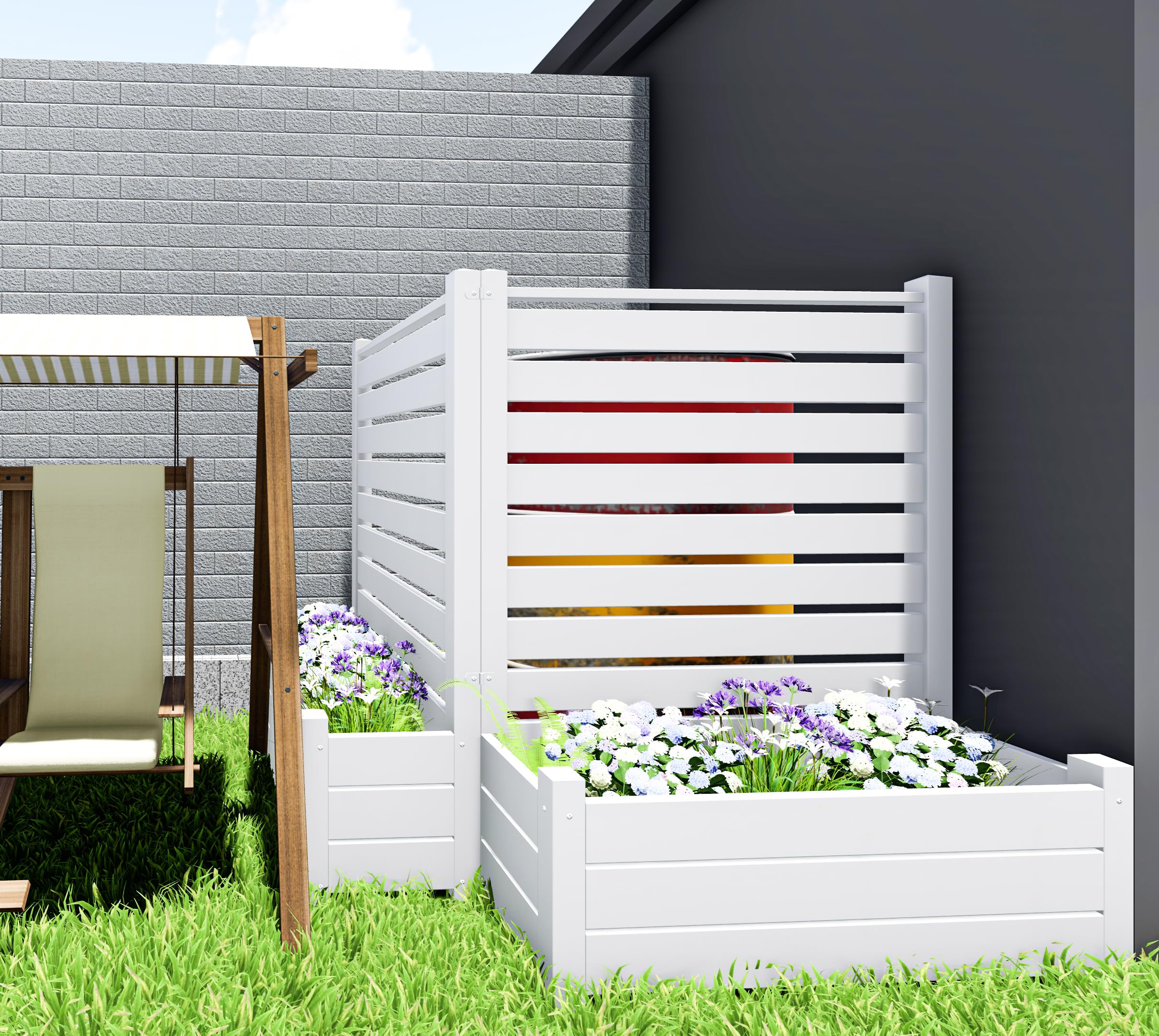 no-dig air conditioner fence 36" w x 45" h white vinyl privacy fence with planter box for trash can pool equipment