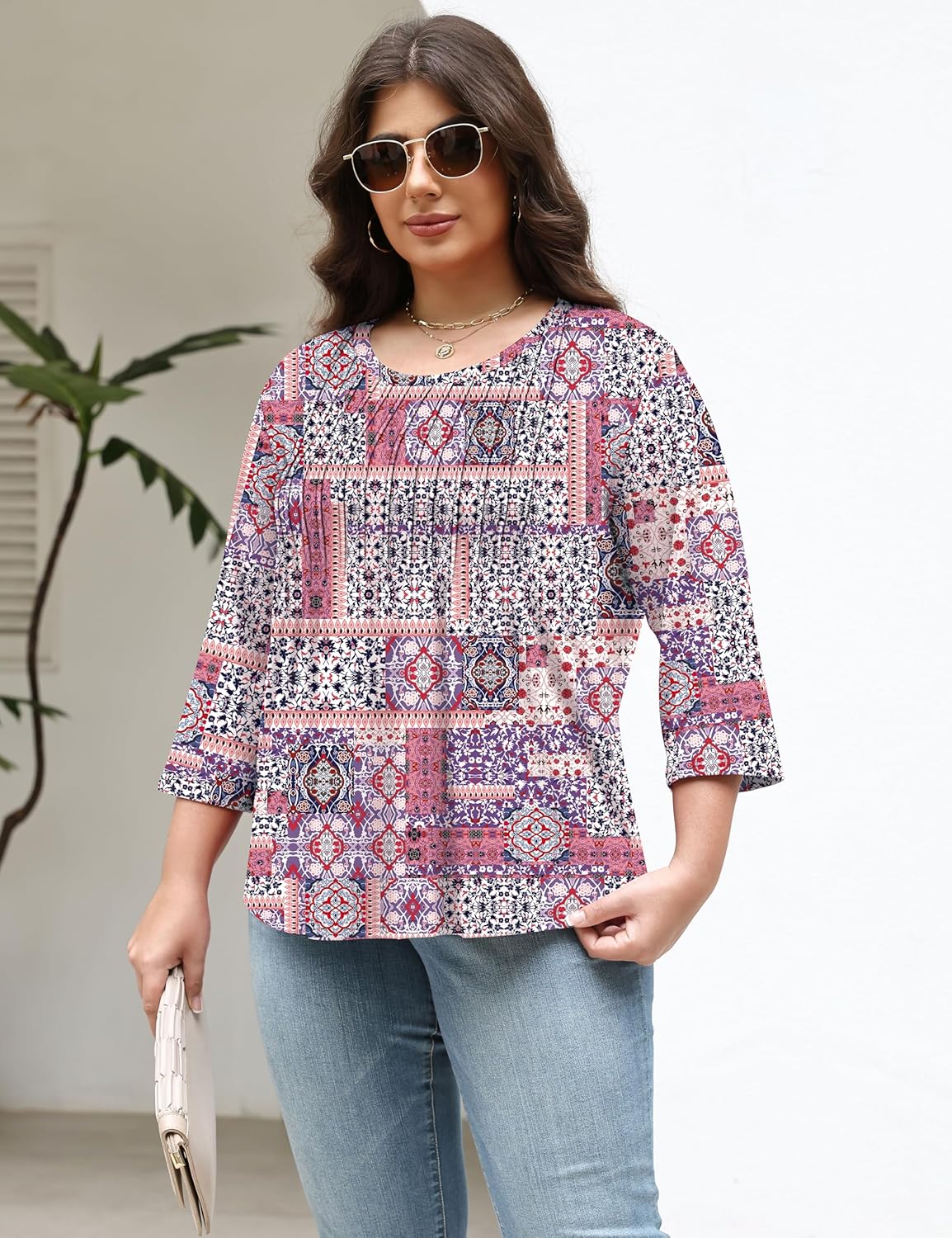 TFSDOD Womens Plus Size Tops 3/4 Length Sleeve Womens Tops Crewneck Pleated Boho Tunic Casual Shirts XL-5X - Image 3