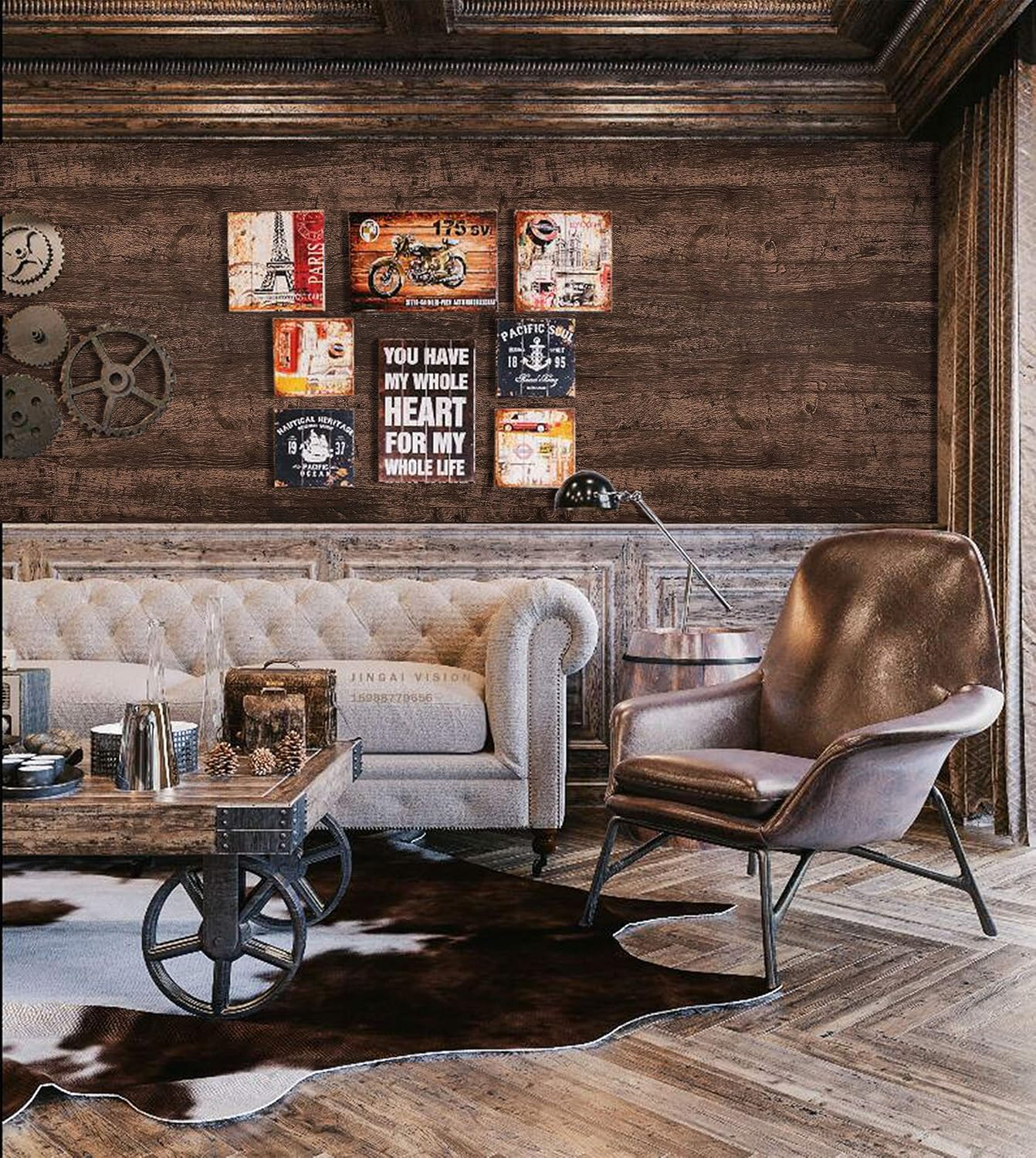 Dimoon 1 roll Wood Grain Dark Brown Wallpaper & 1 roll Green Peel and Stick Wallpaper