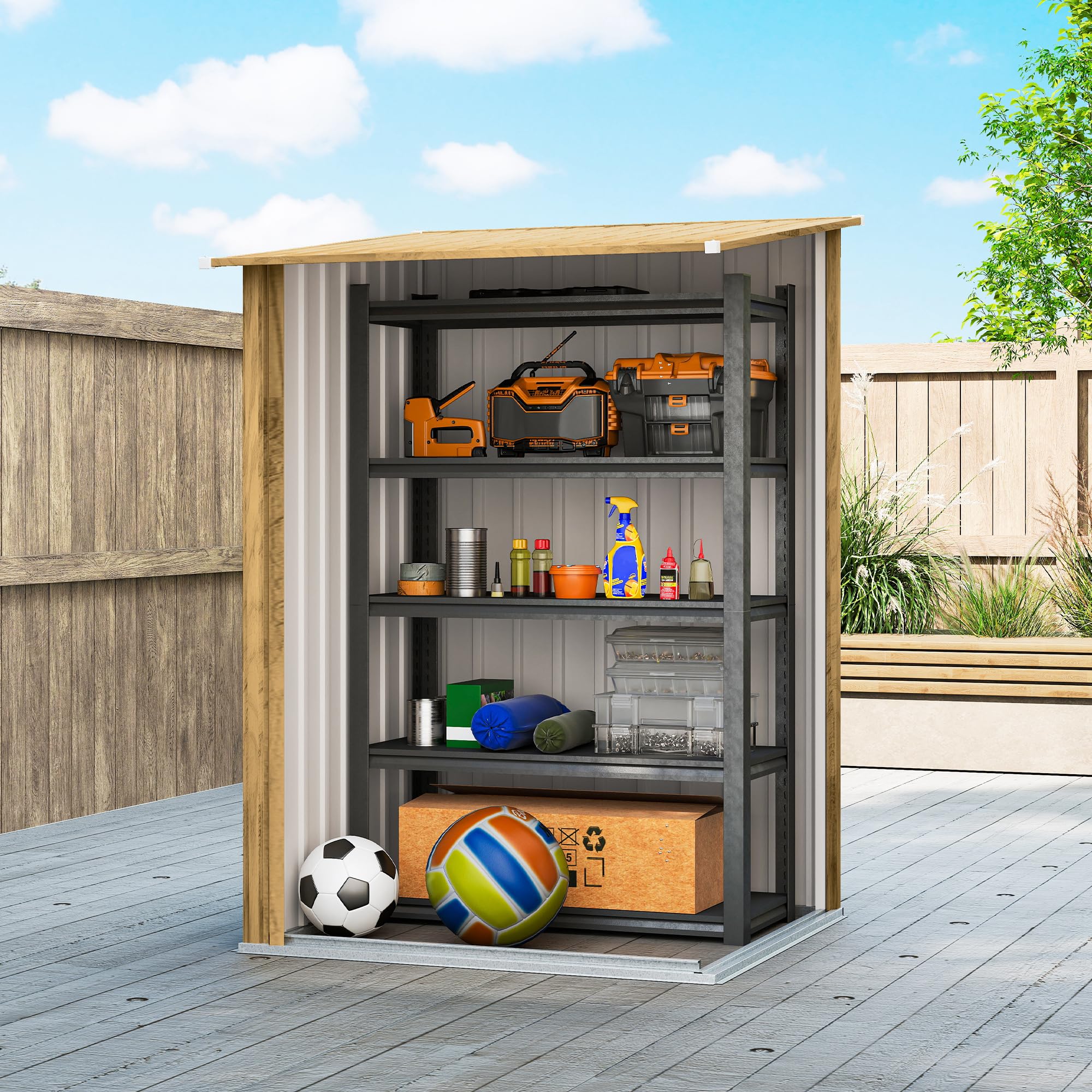 Outsunny Cobertizo de Jardín Exterior, 0,92 m², 100x103x160 cm, Caseta de Jardín Exterior Metálica con 1 Puerta y Cerradura, para Almacenamiento de Herramientas, para Patio, Terraza, Marrón Claro — view 6