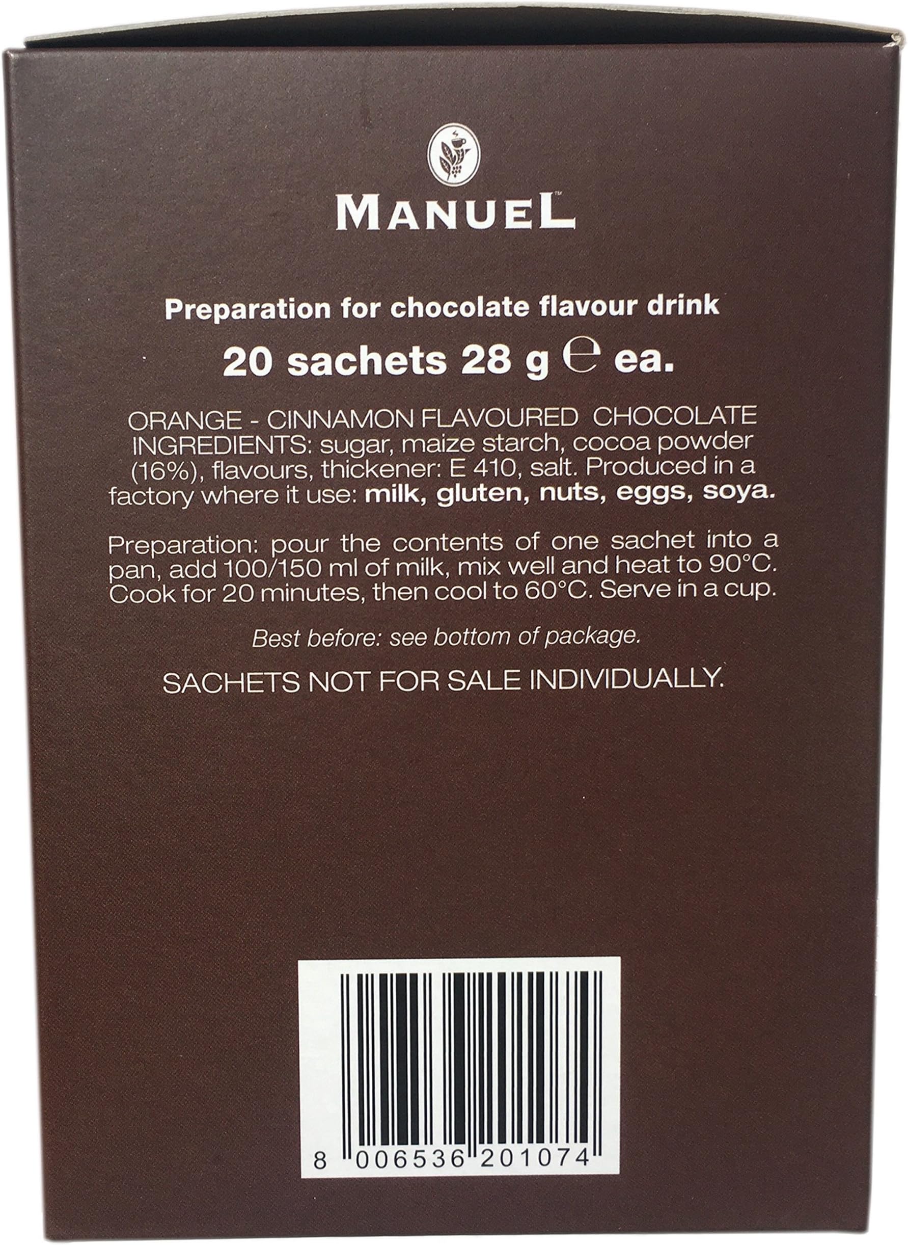 European Hot Chocolate Orange Cinnamon Flavored - By Manuel Italy. Favorite Drinking Chocolate Sachets 20 Counts 28 gr. More Flavor Selection In Our Amazon Store.
