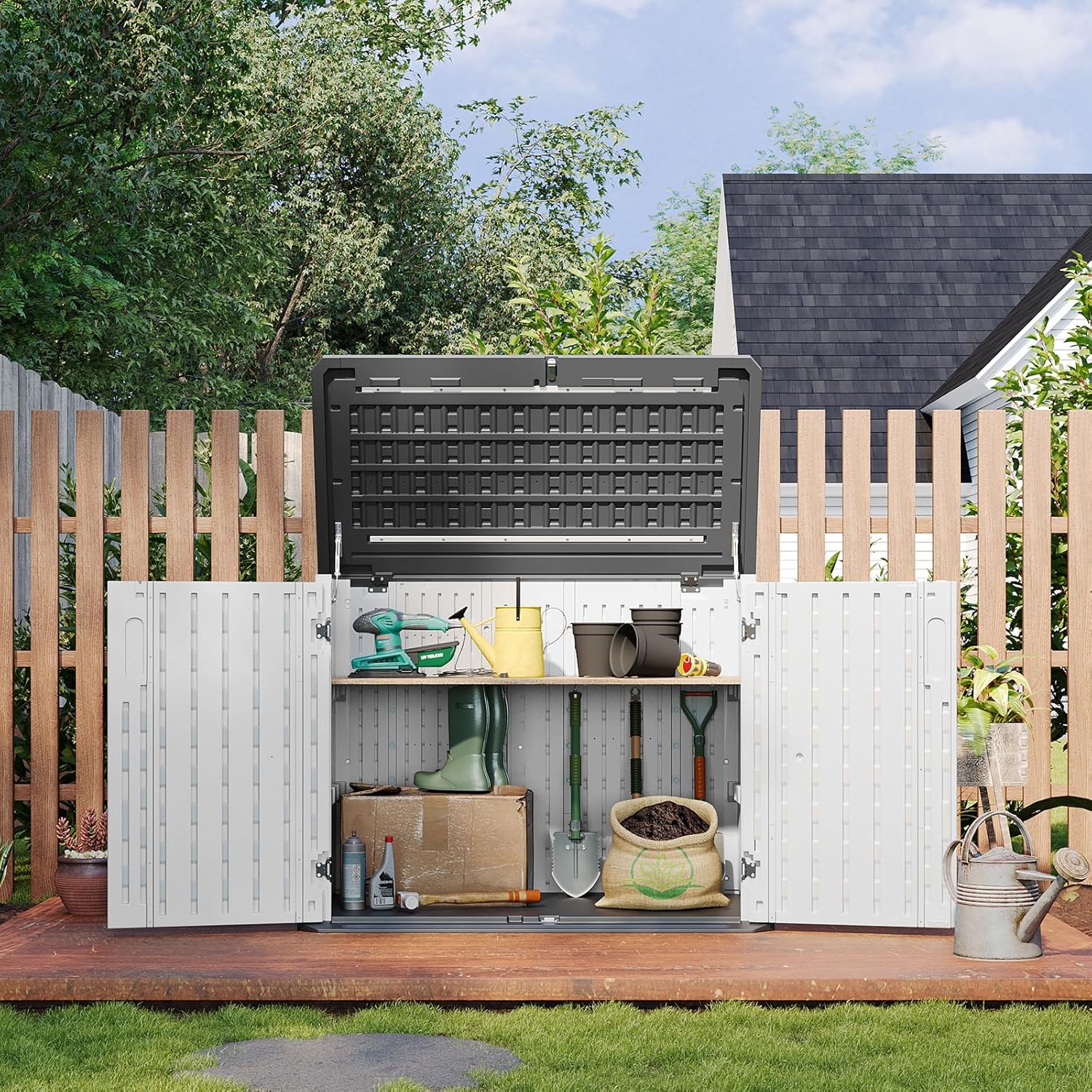 Aoxun Outdoor Storage Cabinet 35 Cu.Ft Outdoor Trash Can Storage Shed Waterproof Horizontal Storage Shed Outdoor Storage for Garbage Bin, Generator, and Lawn Mower (White)