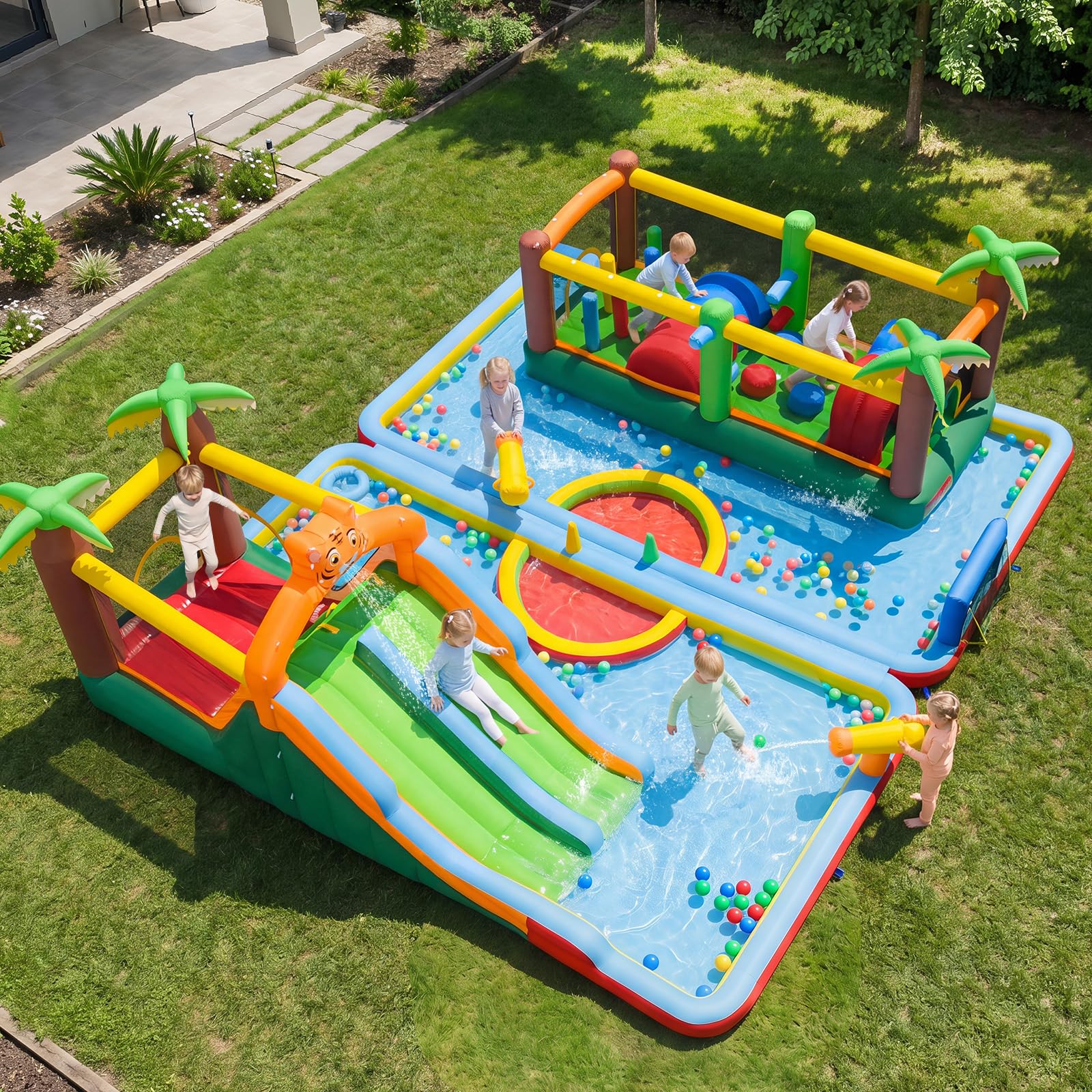 COSTWAY Hüpfburg XXL, Wasserpark, einzeln oder kombiniert verwenden | Bouncy Castle mit 2 Rutschen, Sprungbereich, Kletterwand, Ringwurfspiel, Planschbecken & 2 Wasserpistolen