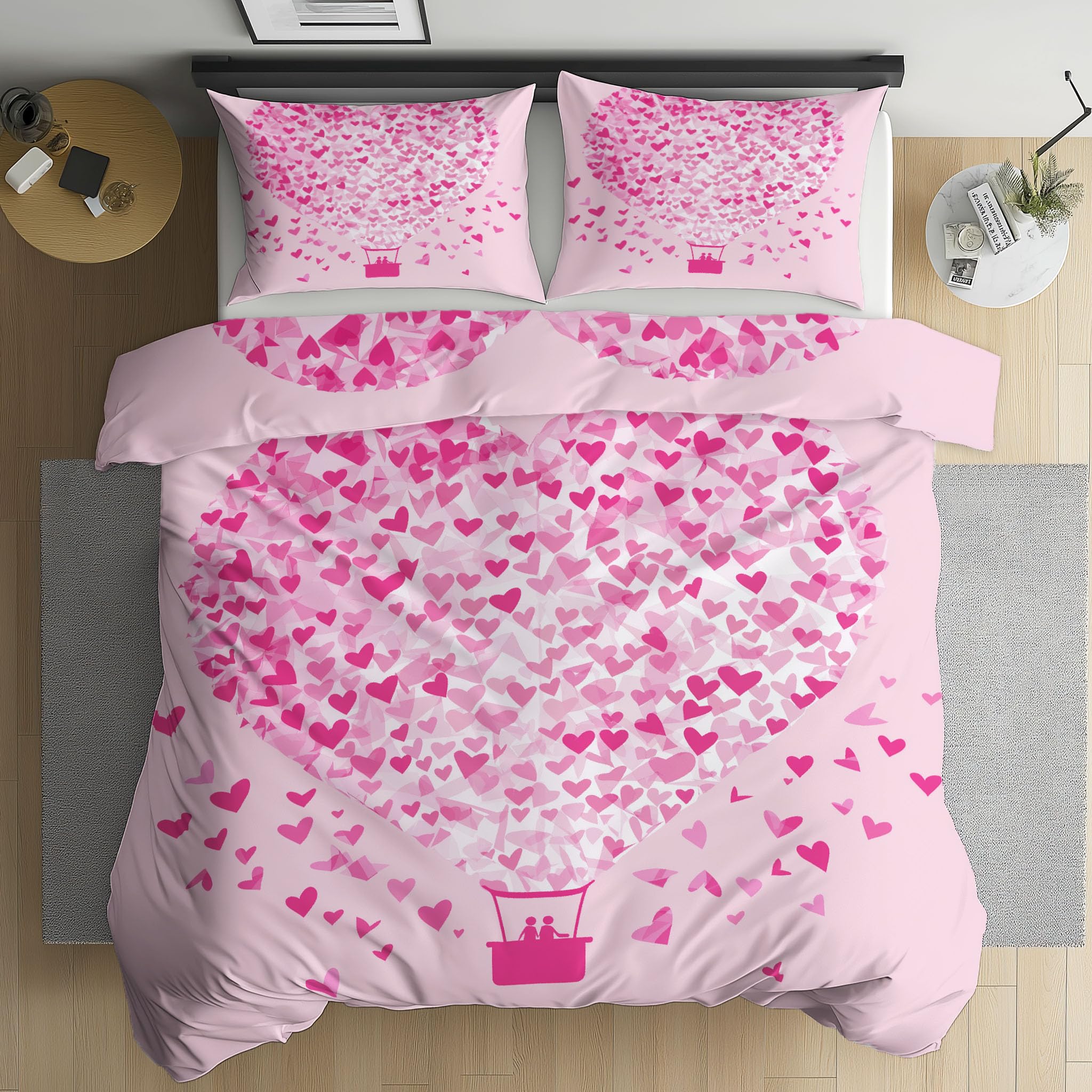 Bettwäsche 220x240 Pärchen, Herz, Heißluftballon Bettwäsche Set, | Weich Microfaser Kuschelige Bettwäsche, Romantische Mode zum Valentinstag Wendebettwäsche Bettbezug und Kissenbezug 80x80cm