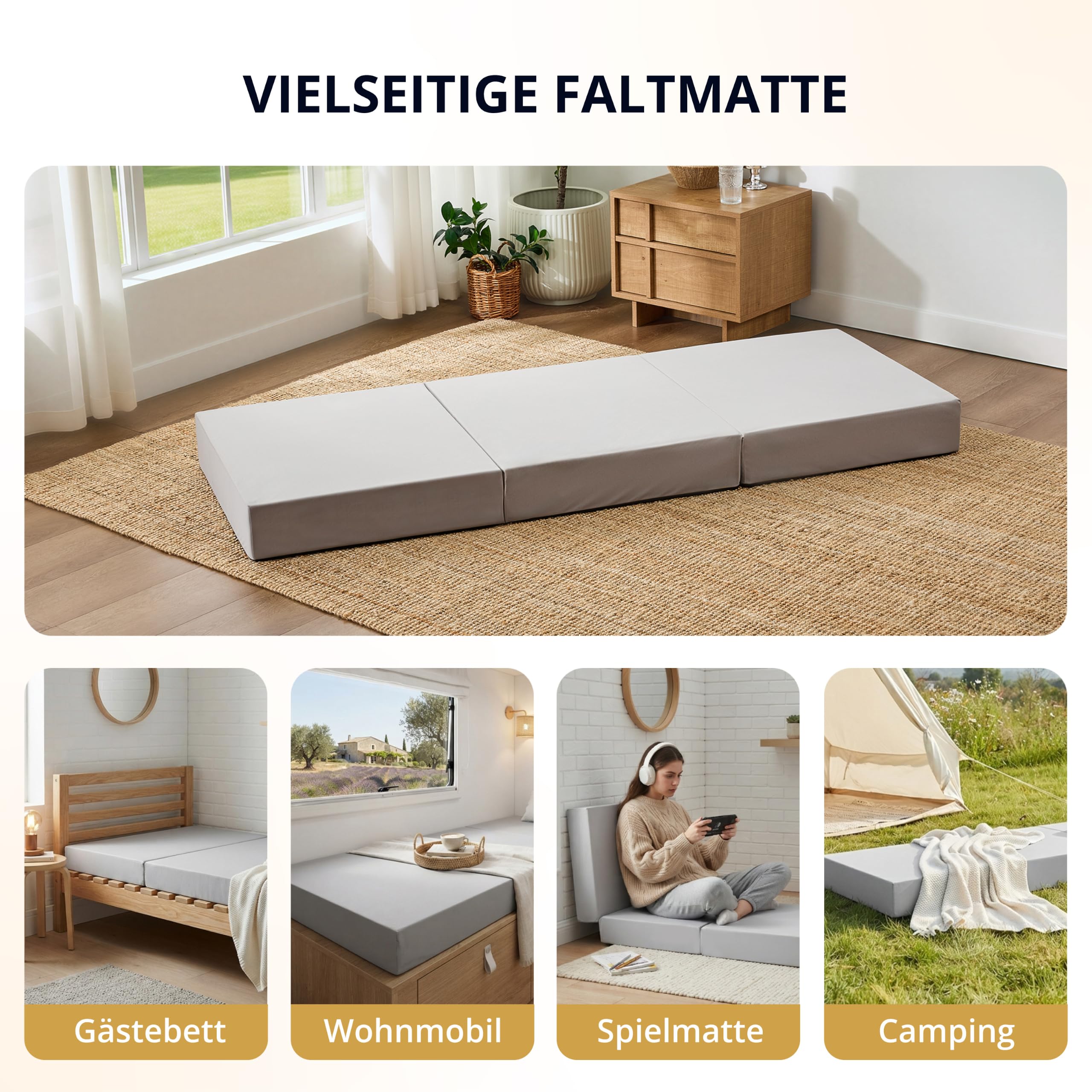 EGOHOME Klappmatratze 195x75x15 cm, 3-teilige Gästematratze mit Bambus-Memory-Schaum & Härtegrad H3, vielseitige Campingmatratze & Bodenmatte mit Aufbewahrungstasche, Grauer Bezug