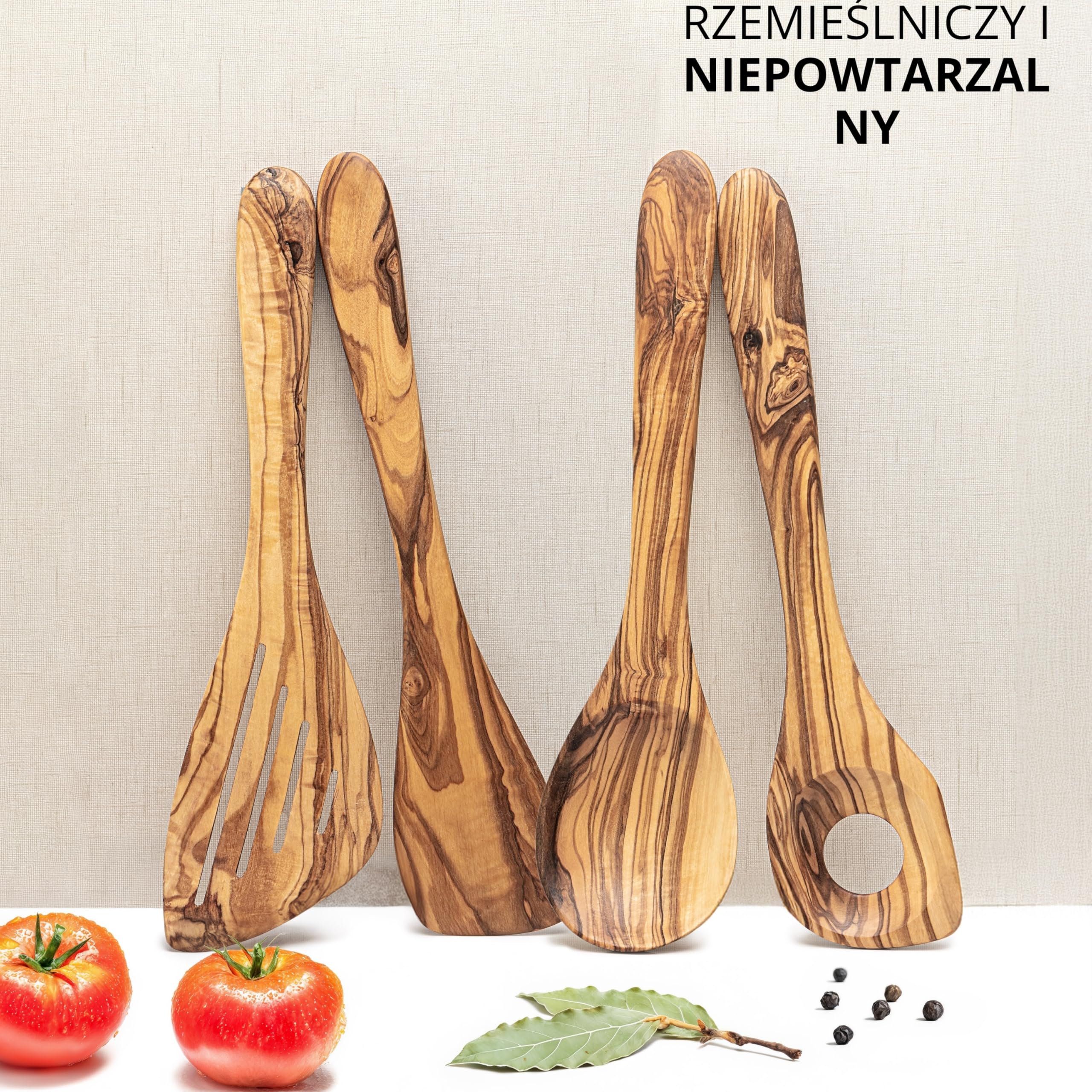 Erreke Zestaw Przyborów Kuchennych z Drewna Oliwnego, Ręcznie Wykonane Akcesoria w Stylu Śródziemnomorskim, 4-częściowy Zestaw z Łyżką i Szpatułką