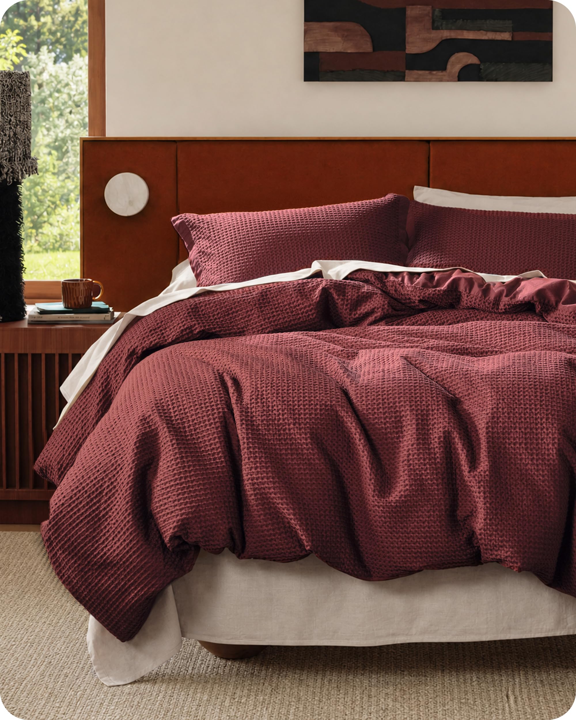 Photo 1 of Bedsure Cotton Duvet Cover King - 100% Cotton Waffle Weave Maroon Red Duvet Cover King Size, PureWoven Breathable Bedding Set for All Season, 3 Pieces, 104"x90"