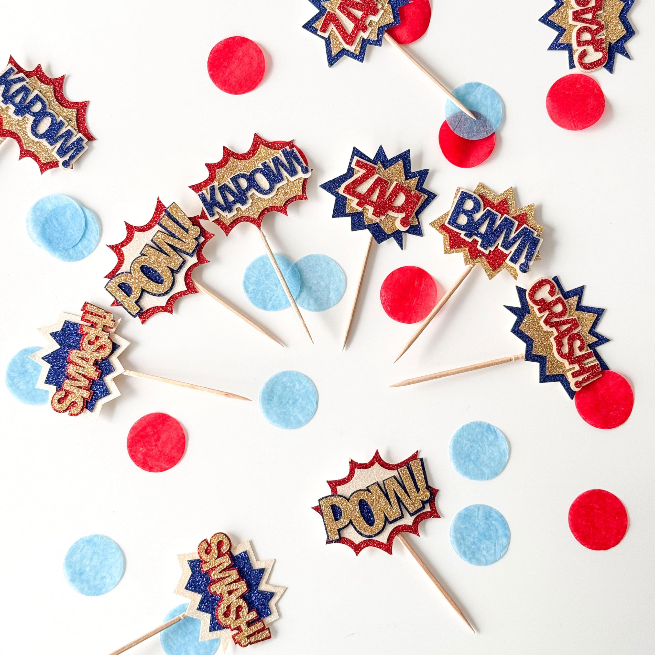 Confetti! Superhero Themed Glitter Cupcake Toppers (12 Pack) - Crafted from Multi-Layer, Non-Shed Glitter Cardstock Comic Book Styles Party Vibe. Birthday party supply, baby shower
