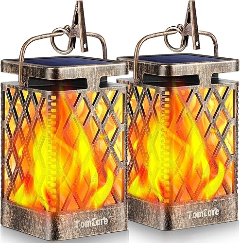 TomCare Luces solares para exteriores, linterna solar con llama parpadeante, faroles colgantes para exteriores, iluminación al aire libre, luces LED
