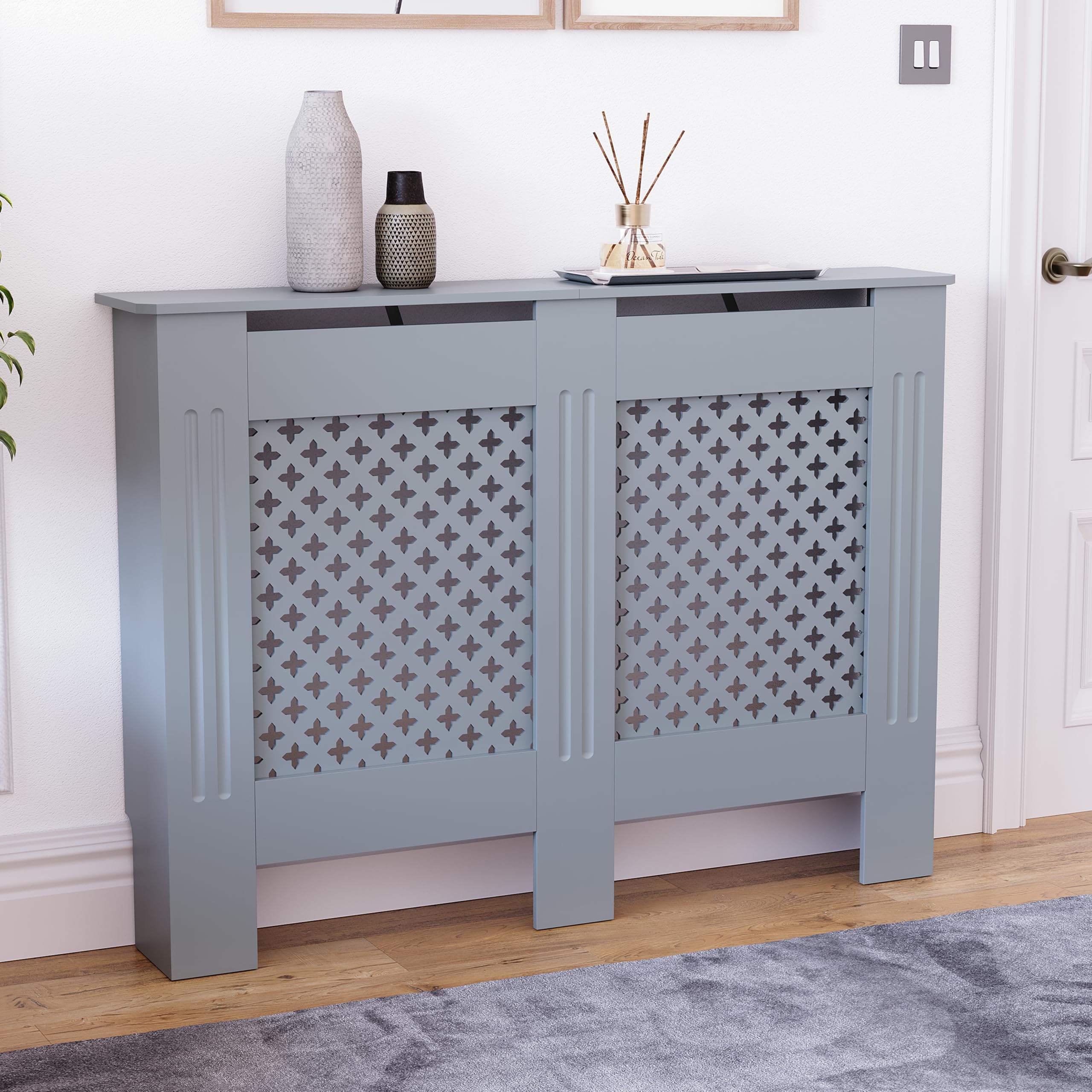 Vida Designs Oxford Radiator Cover Grey - Medium - Traditional Cross Pattern Design For Optimal Heat Circulation - H82xW111xD19cm - Painted MDF Cabinet Ideal For Living Room & Hallway