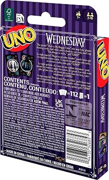 Mattel Games UNO Wednesday Kartenspiel ab 7 Jahren 2-10 Spieler TV-Serien-Kartenspiel mit Spezialregel „Schwarz ist meine Glücksfarbe“ für Kinder und Familie JHB18