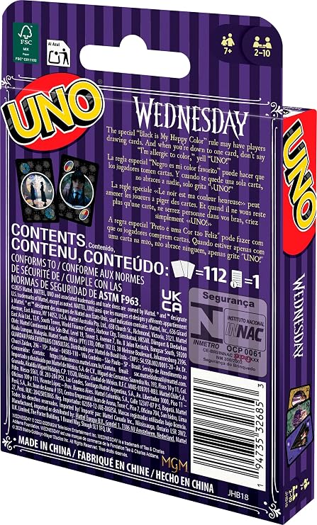 Mattel Games UNO Wednesday Kartenspiel ab 7 Jahren 2-10 Spieler TV-Serien-Kartenspiel mit Spezialregel „Schwarz ist meine Glücksfarbe“ für Kinder und Familie JHB18