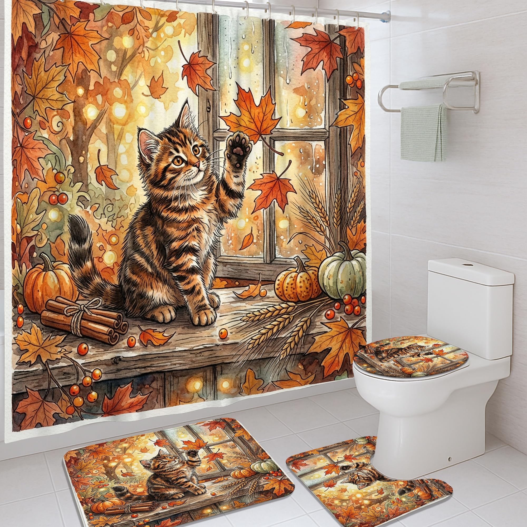 Rideau de douche chat d'automne en tissu imperméable orange rustique pour salle de bain 183x183cm