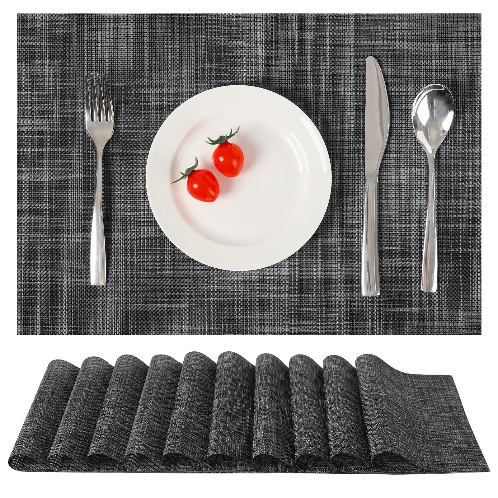 Myir JUN Tischsets Abwaschbar 10erSet,Gewebte Platzdeckchen rutschfest Abgrifffeste Hitzebeständig Vinyl Platzsets Abwaschbar für küche Speisetisch Hotel Platz-Matten 30x43.5cm (Dark Grau)