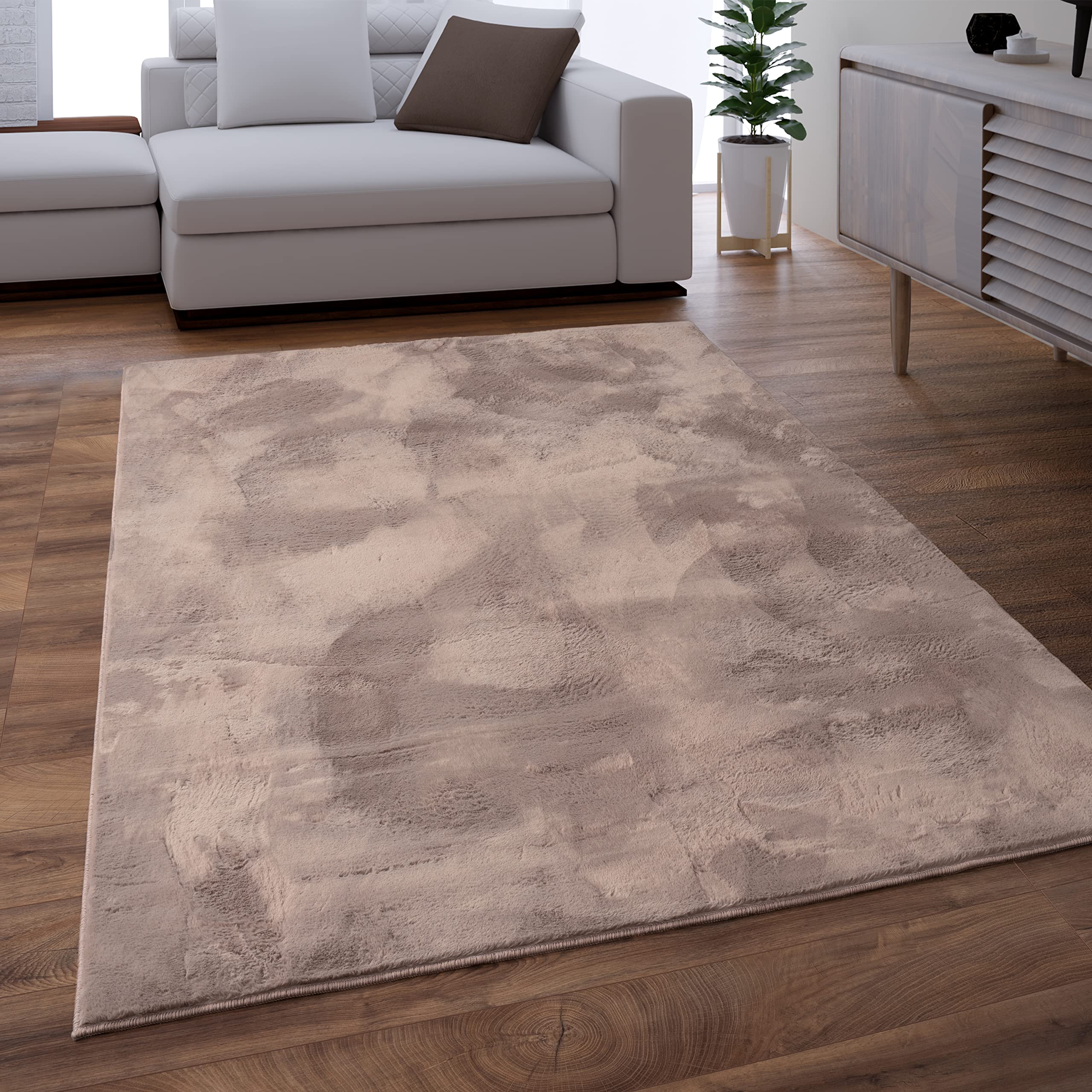 Paco Home Teppich Wohnzimmer Schlafzimmer Kunstfell Shaggy Hochflor Flauschig Soft Einfarbig Beige Taupe, Grösse:200x280 cm