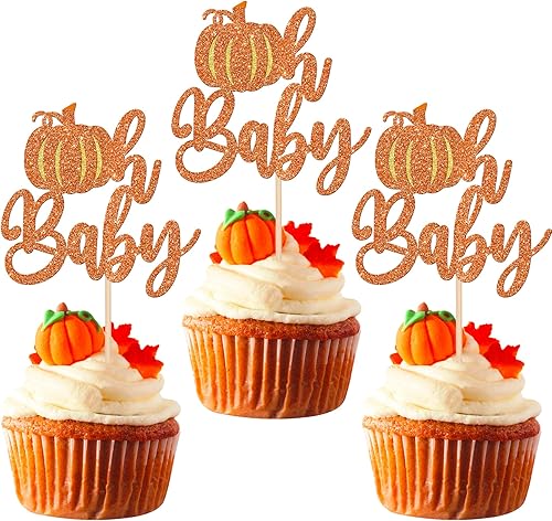 24 adornos para cupcakes de calabaza Oh Baby con purpurina para decoración de cupcakes de baby shower, decoración de cupcakes de calabaza para