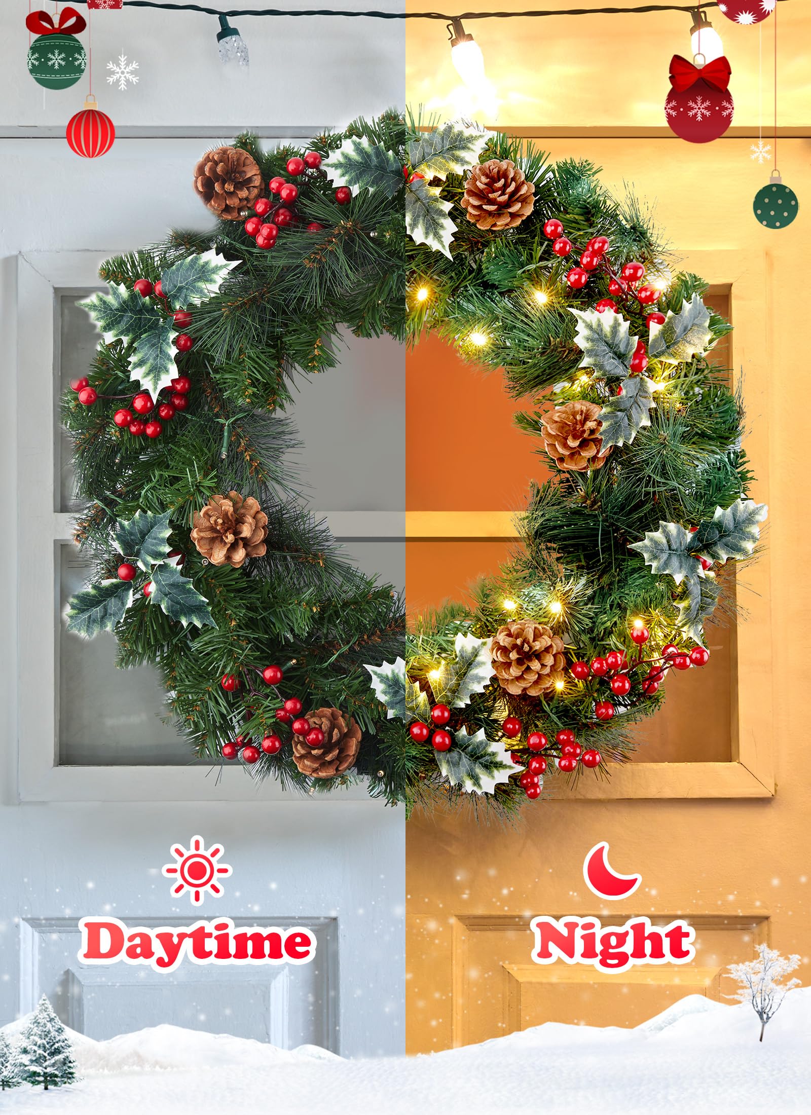 Pre-Lit Artificial Christmas Wreath – 24 Inch, White Lights, Pine Cones & Berries, Battery Operated - View #9