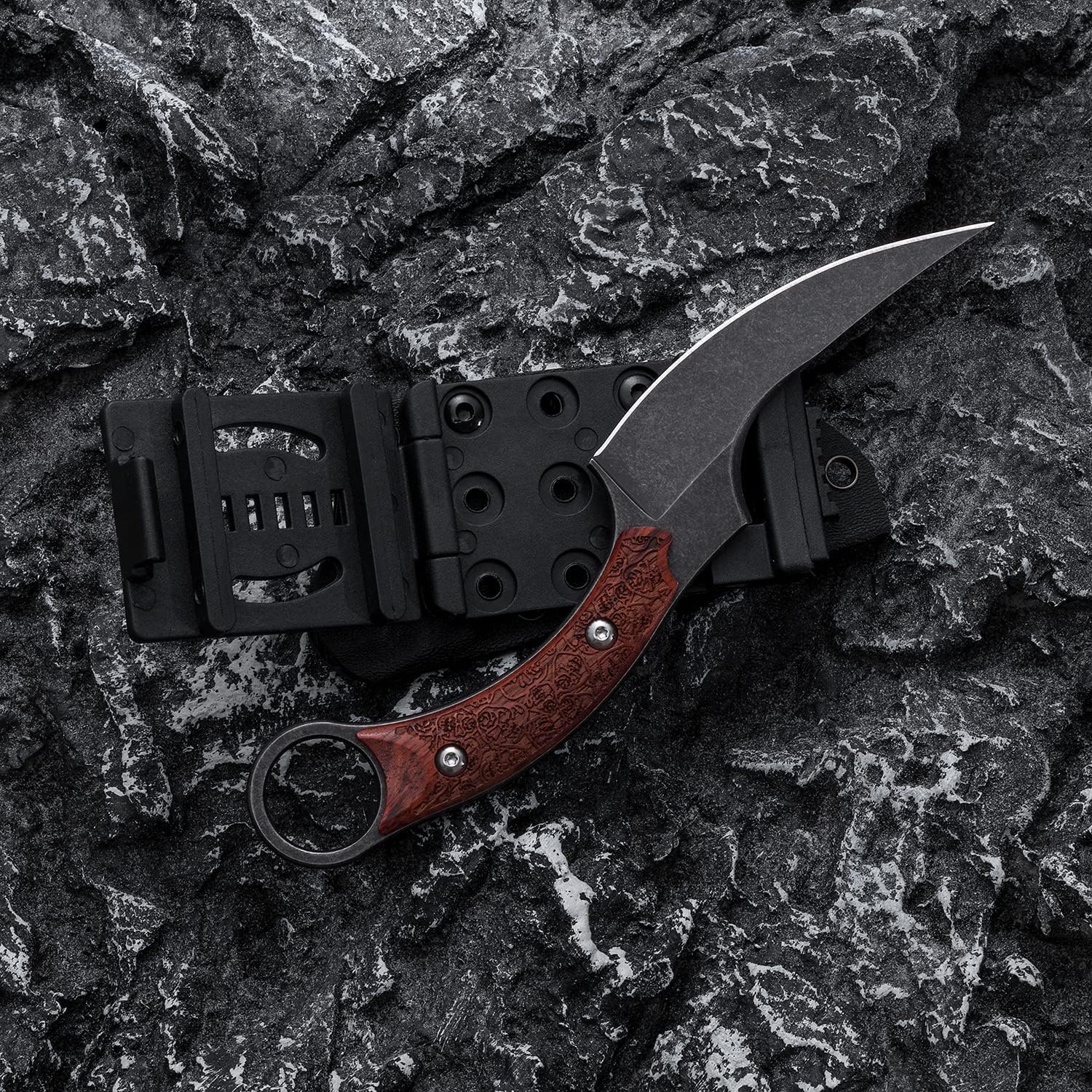 Fixed Blade Knife, 440C Blade Wooden engrave handle, Tactical EDC sharp Claw Knife Elegent Cool Knives, Utility Knife for Outdoor Survival Hiking Camping with Kydex Sheath OK1015 (Black)
