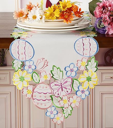 Miniatura 6 de Camino de mesa de Pascua, primavera, diseño bordado floral y huevos, mariposas, tocador, bufanda, decoración de mesa para el hogar, cocina, comedor