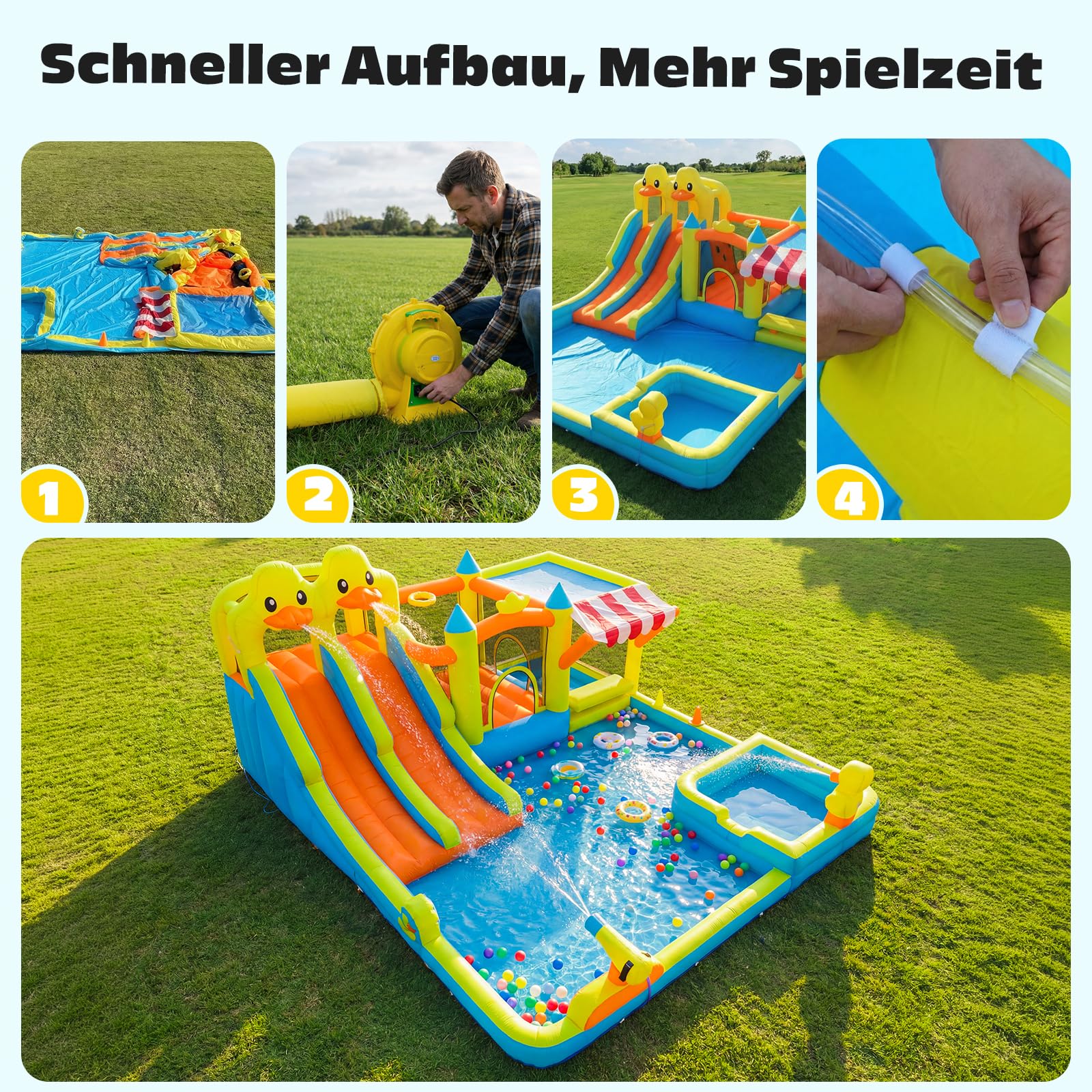Hapfan Hüpfburg mit Wasserrutsche, 10 in 1 aufblasbare XXL Hüpfburg inkl. Gebläse mit Kletterwand, Springfläche, Wasserpistolen, Splash Pool & Basketballkorb für Kinder, Indoor/Outdoor, 536x436x245