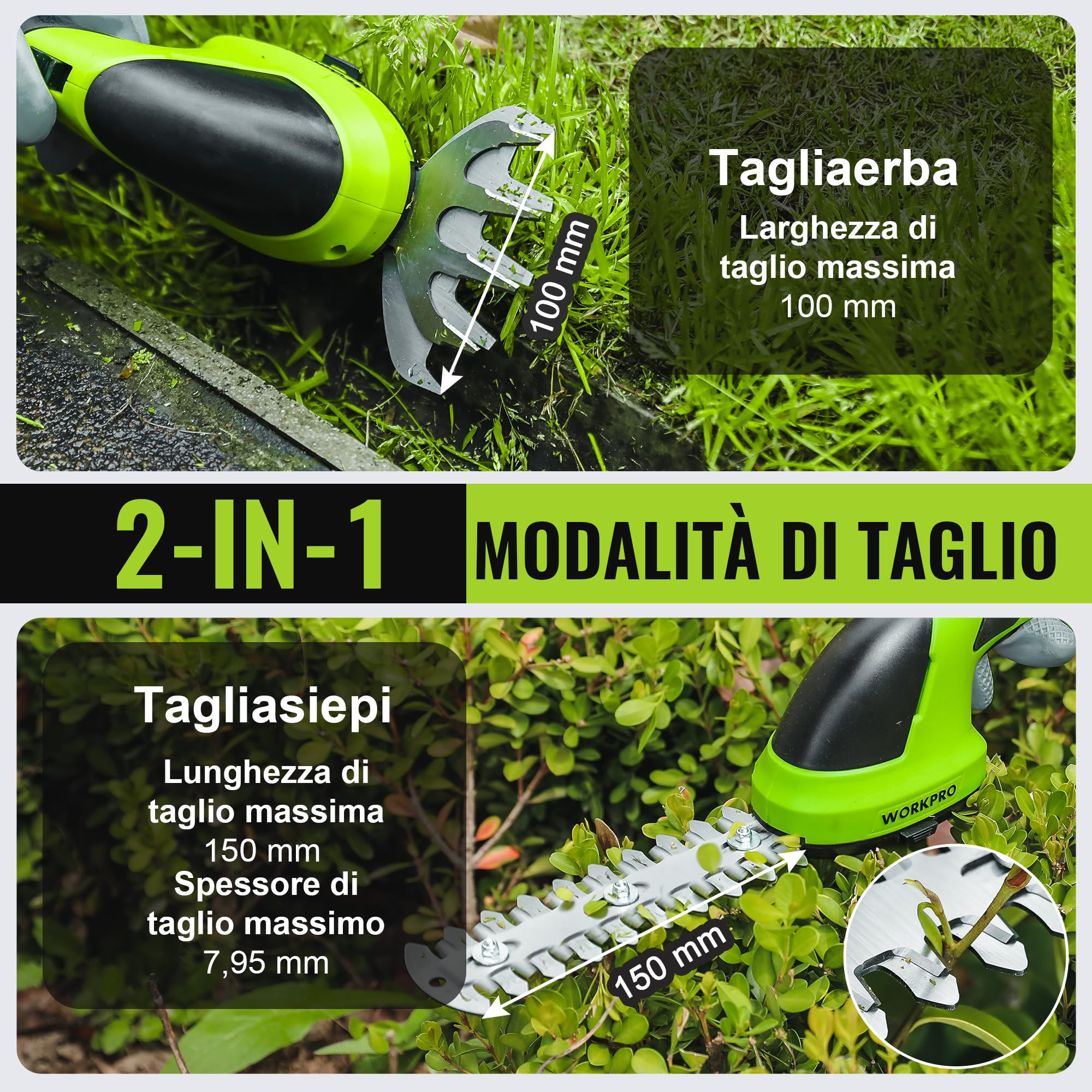 WORKPRO Forbici a Batteria 2 in 1, Cesoia Elettrica a Batteria al Litio 7,2V 2Ah, Larghezza di Taglio 100mm, Lunghezza di Taglio 150mm, Adatto al Giardino (Verde)