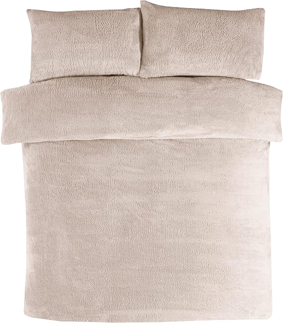 Sleepdown Teddy Fleece Duvet Cover Quilt Bedding Set with Pillow Cases Thermal Warm Cosy Super Soft - Double - Natural Ivory