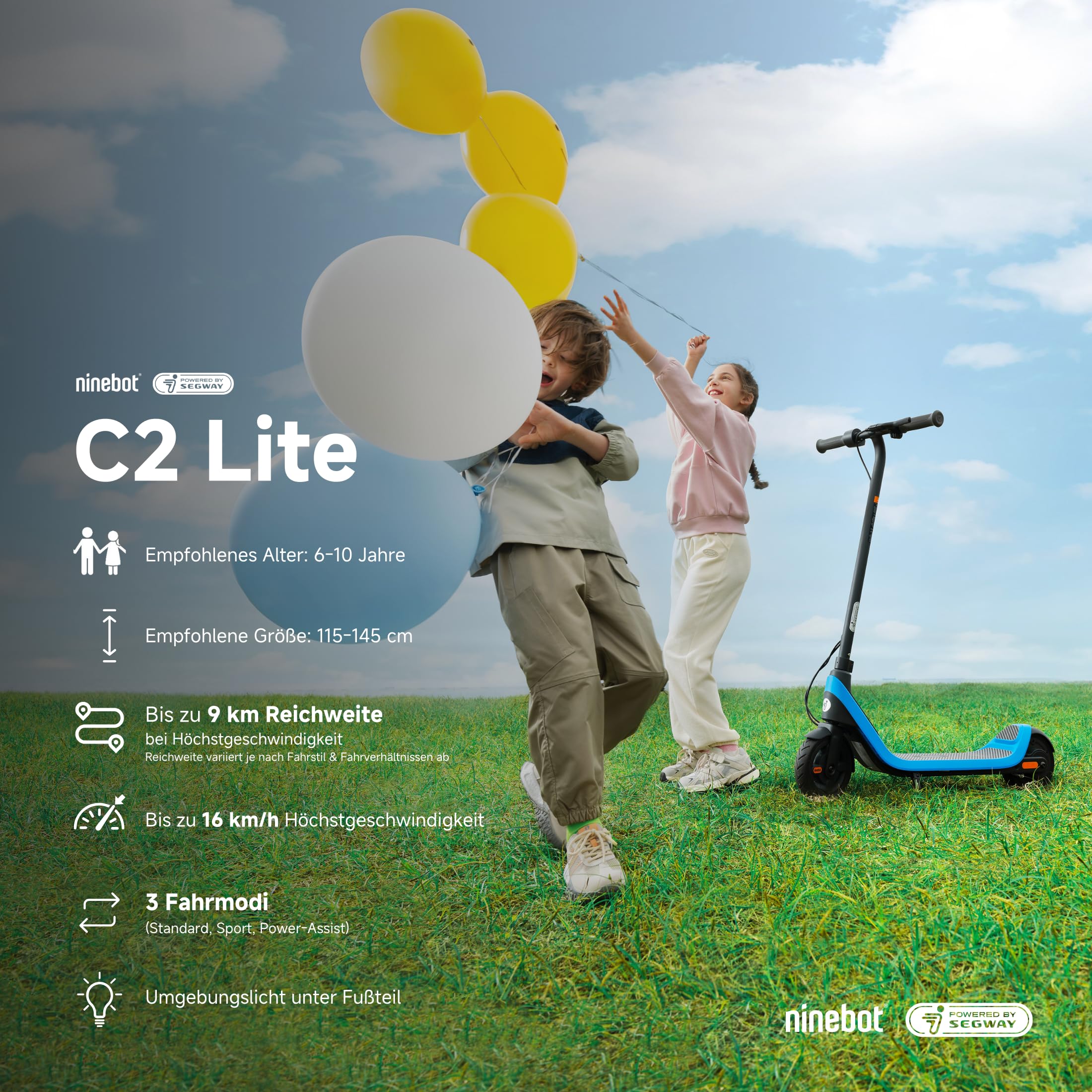 Segway-Ninebot C2 Lite, Patinete Eléctrico para niños y Adolescentes, máximo 16 km/h, 14 km de autonomía, 3 Modos de conducción