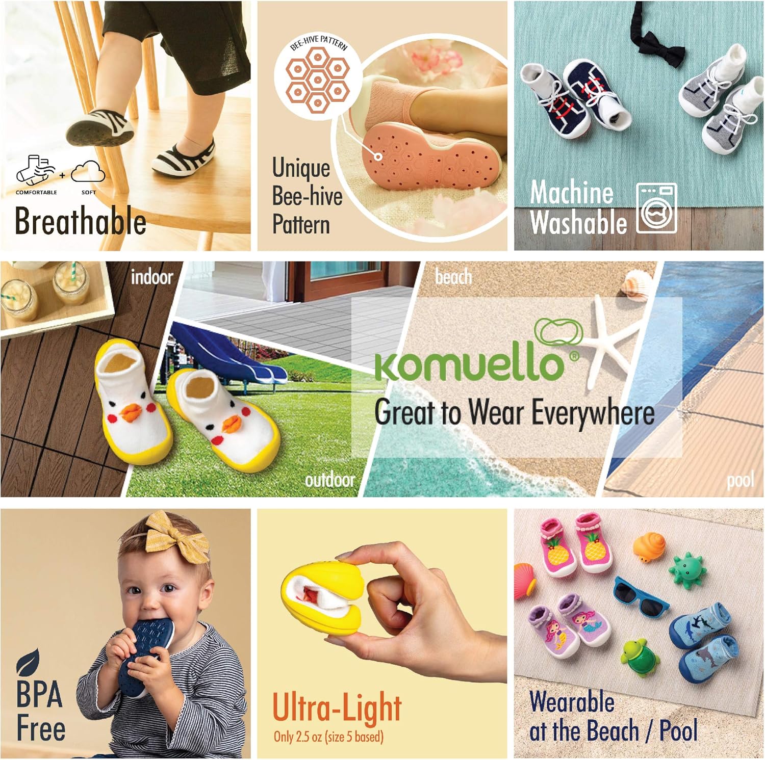 Komuello Toddler Sock Shoes – Flat Style Non-Slip Baby Shoes for Boys and Girls – Breathable, Washable, Soft Cotton First Walker Shoes for Indoor & Outdoor Use