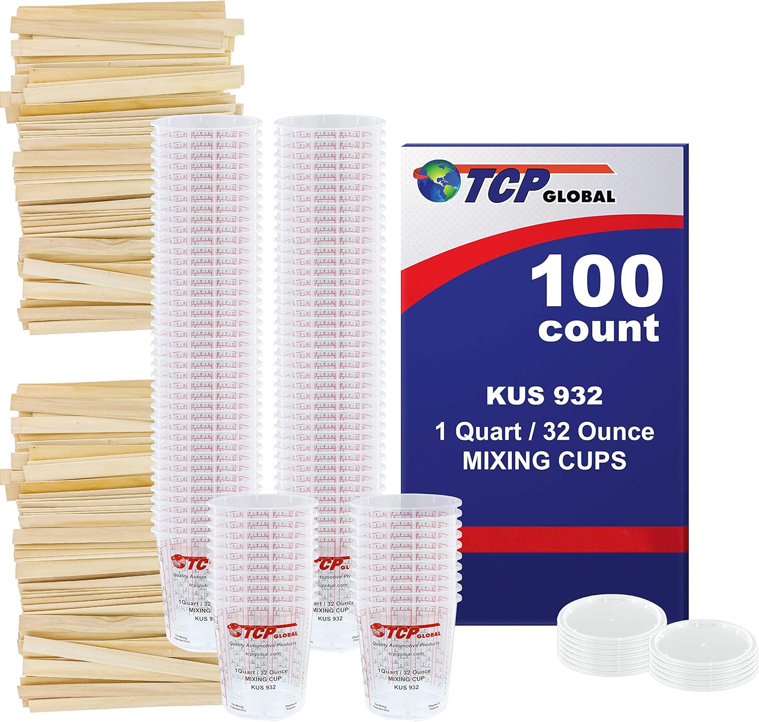 Quart Paint Mixing Cups and Wood Craft Sticks Bundle 100 Each in