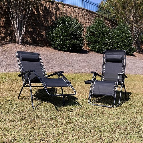 Miniatura 2 de Flash Furniture Celestial - Sillón reclinable de malla plegable ajustable de gravedad cero con almohada y bandeja portavasos, color negro, juego de 2