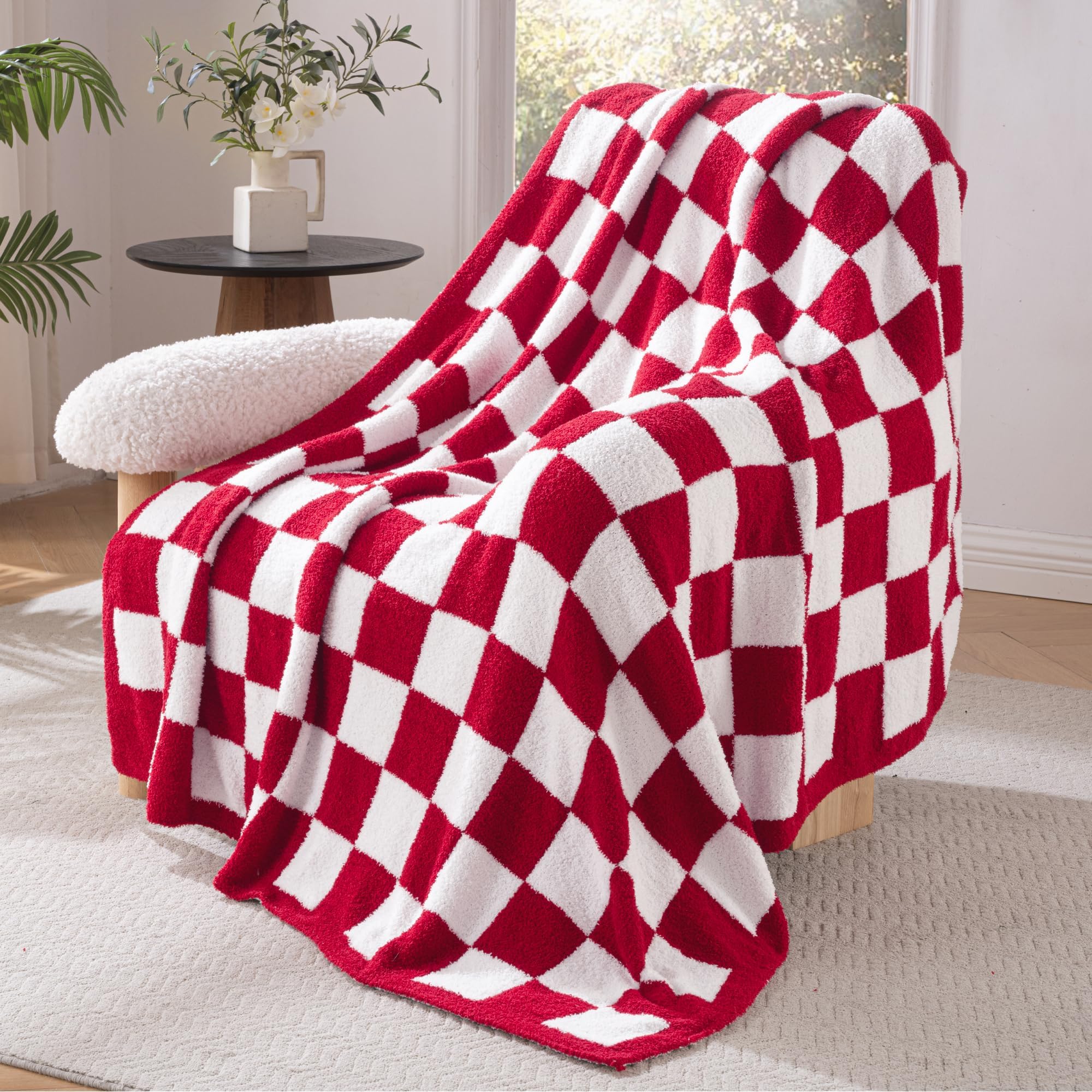 Exclusivo Mezcla Karierte Decke, Weiche Gestrickte Kuscheldecke, Kuschelige Karo Fleecedecke, Leichte Flauschige Decke für Sofa und Bett, 130x150 cm, Tiefrot