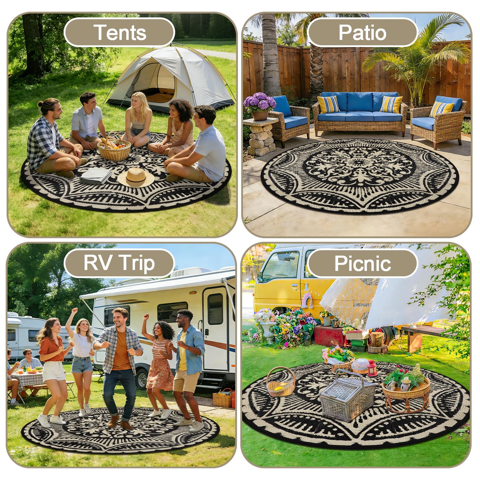 Capslpad Tapis d'extérieur rond - Diamètre : 240 cm - En plastique - Léger - Pour balcon, pique-nique, camping, jardin - Noir