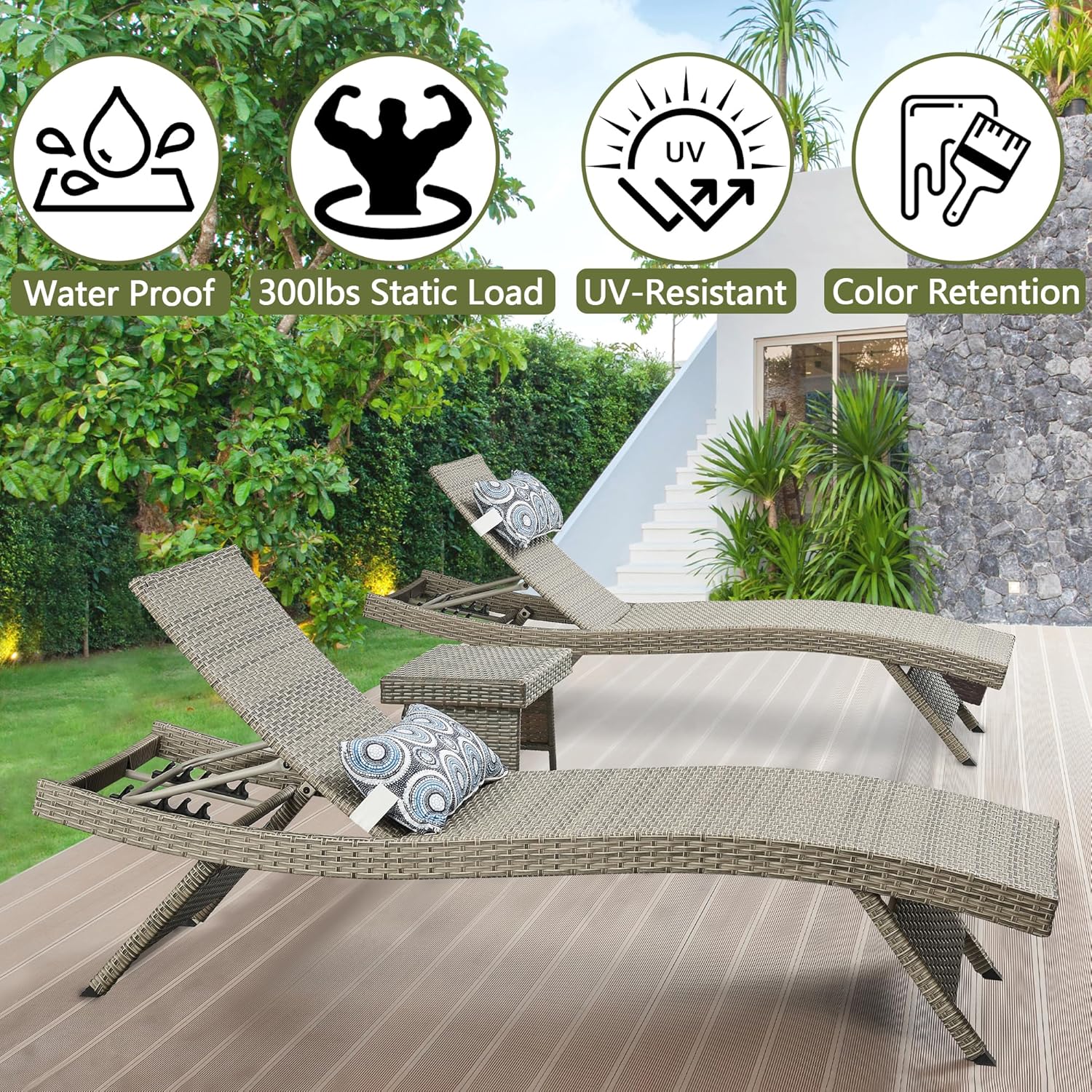 Outdoor Wicker Reclining Lounge Chair, 79" Rattan Patio Chaise Lounges for Poolside, Garden, Backyard, Set of 2, Adjustable Backrest, Beach Sunbathing Chairs, Multi-Gray