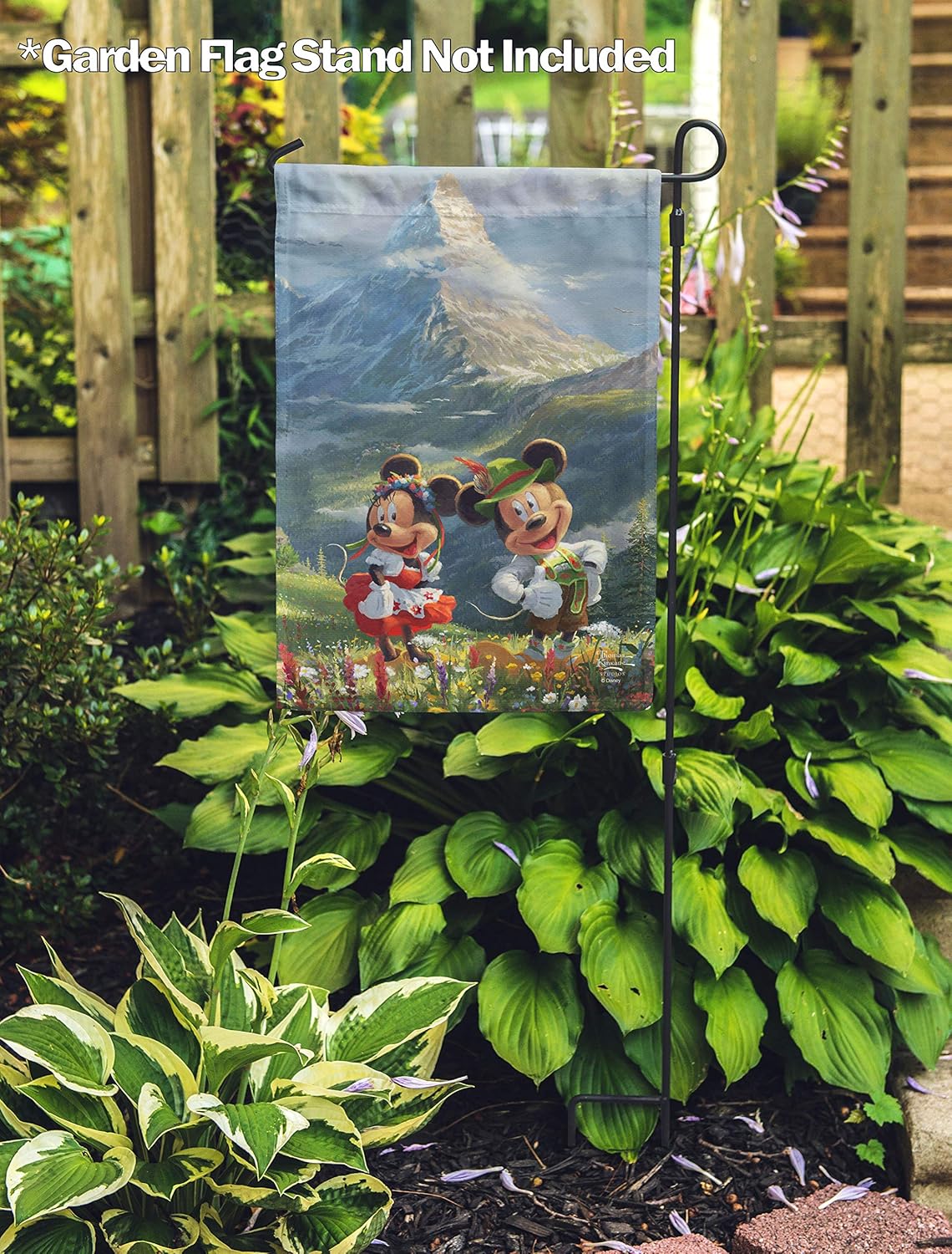 Flagology, Thomas Kinkade Disney Mickey and Minnie in the Alps – Garden Flag 12" x 18", Outdoor Flag, Exclusive Fabric, Licensed Thomas Kinkade