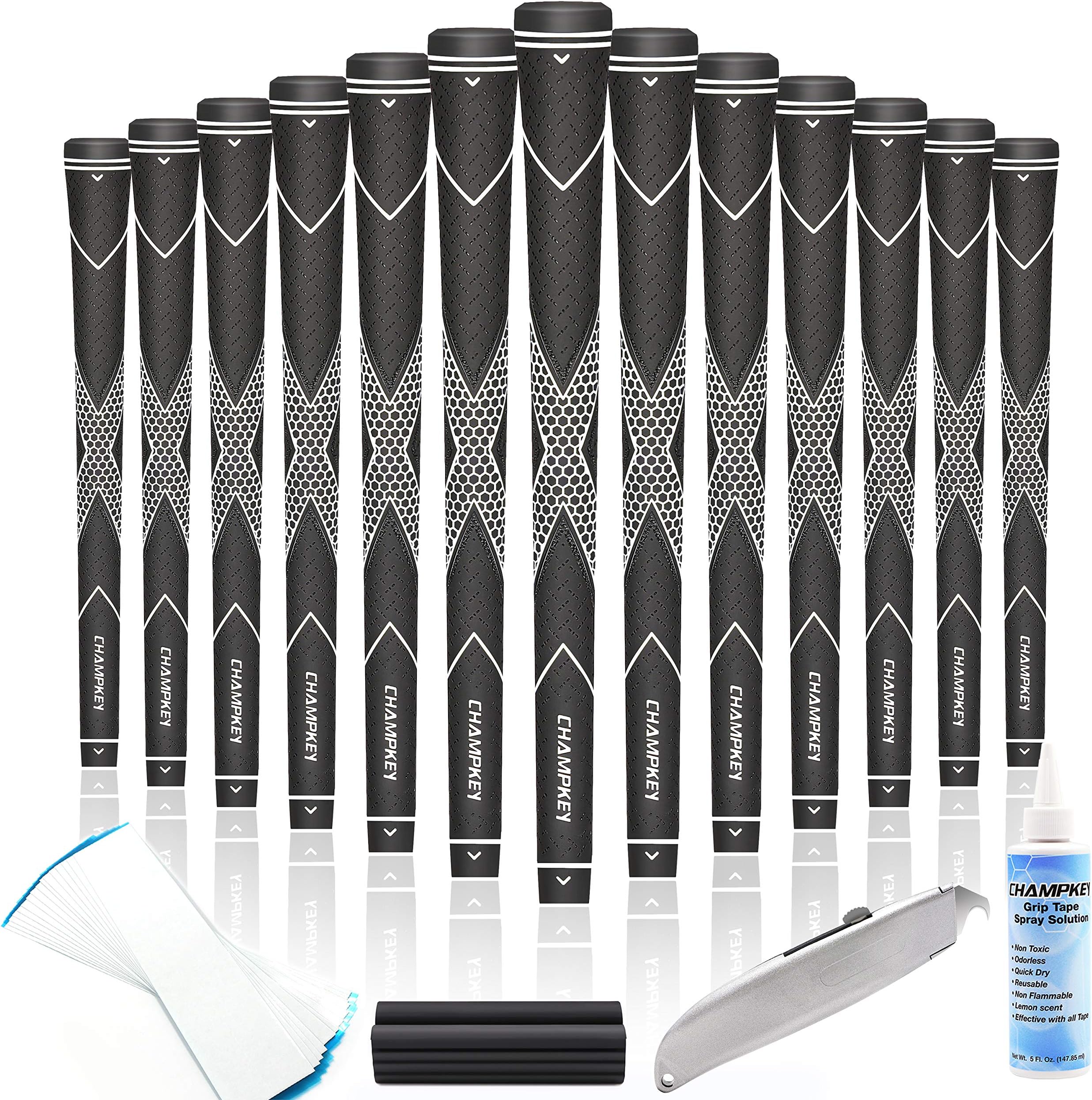 CHAMPKEYTraction-X Golf Grips Set of 13(Free 15 Tapes Included) - Exclusive Texture Tech Golf Club Grips Ideal for Clubs Wedges Drivers Irons Hybrids (Black&White(All Repair Kits Included), Standard)
