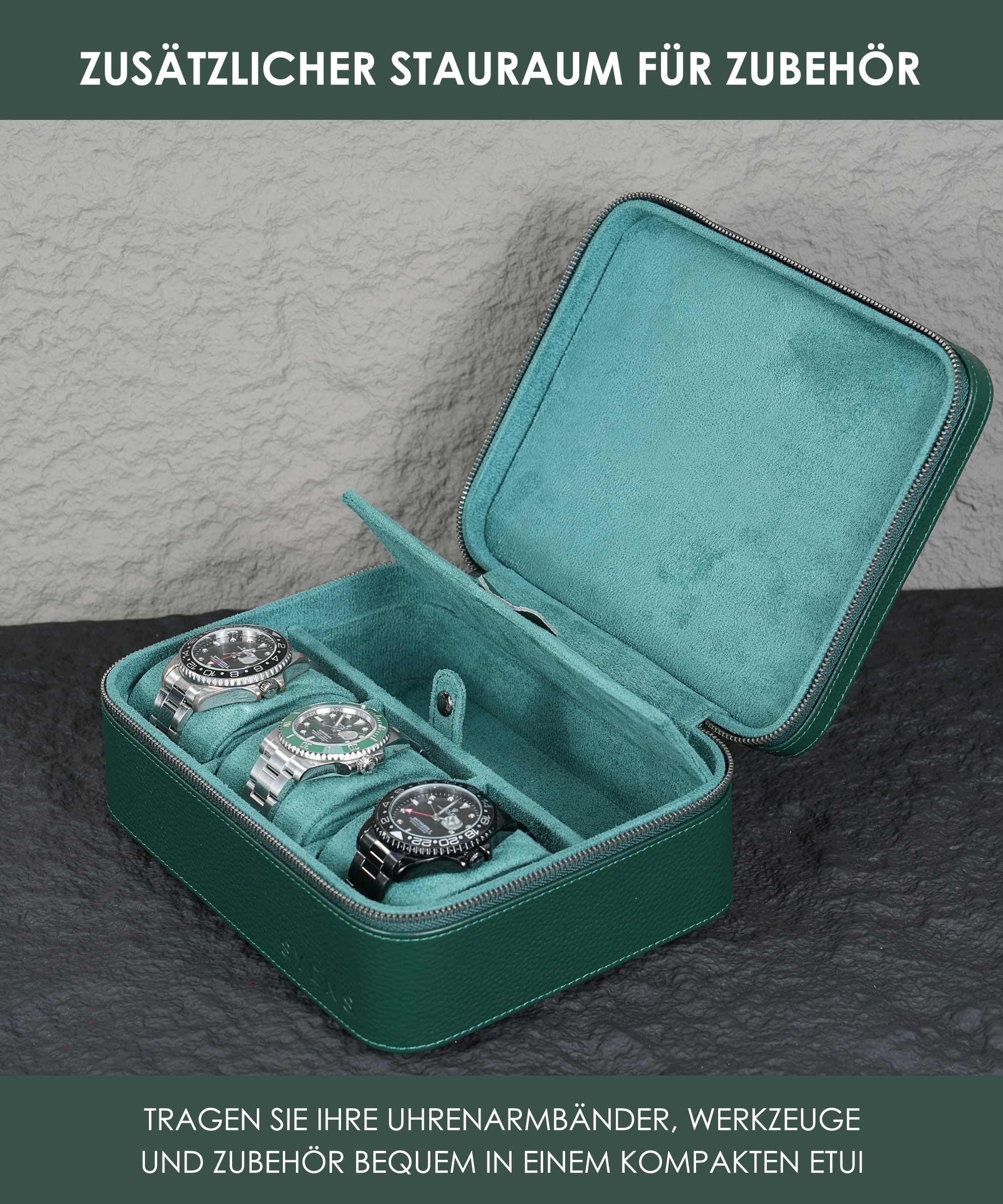 Caja de cuero auténtico para hombre, estuche de viaje con compartimento para gafas, bolsa de transporte de piel auténtica granulada para 3 relojes, rollo de viaje, cremallera (verde)