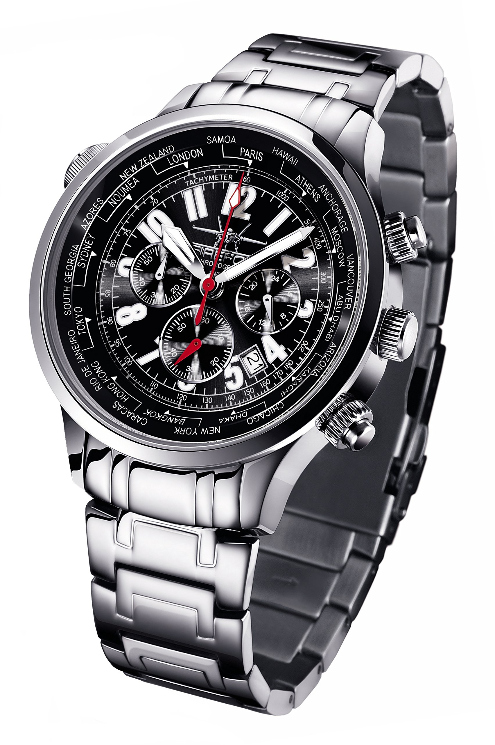 FIREFOX WORLDTIMER FFS40-102 Sunray schwarz Weltzeitanzeige Chronograph Herrenuhr Armbanduhr Sicherheitsfaltschließe massiv Edelstahl wasserdicht Miyota OS20 Kaliber