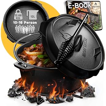 Dutch Oven Set 12 L - Burnt Dutch Oven 12 Litres - Fire Pot Cast Iron Pot with Practical Lid Lifter and Stainless Steel Trivet [for 10-16 People]