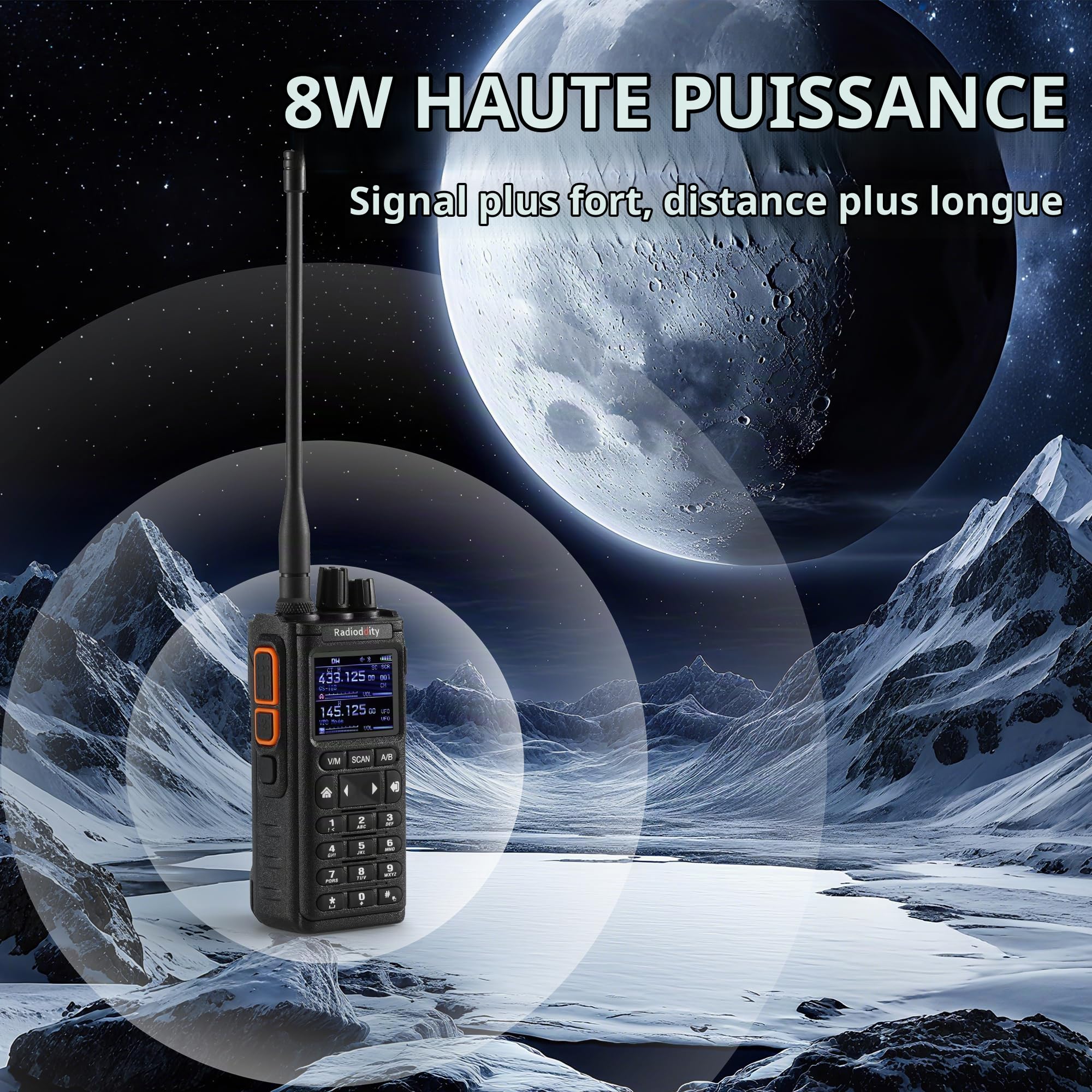 Radioddity GS-10B Radio 8W, Radio Bidirectionnelle Longue Portée avec Programmation APP sans Fil, UHF/VHF/FM Aviation, Double PTT, Batterie 2500mAh & USB-C, Réduction du Bruit, Synchro des Canaux
