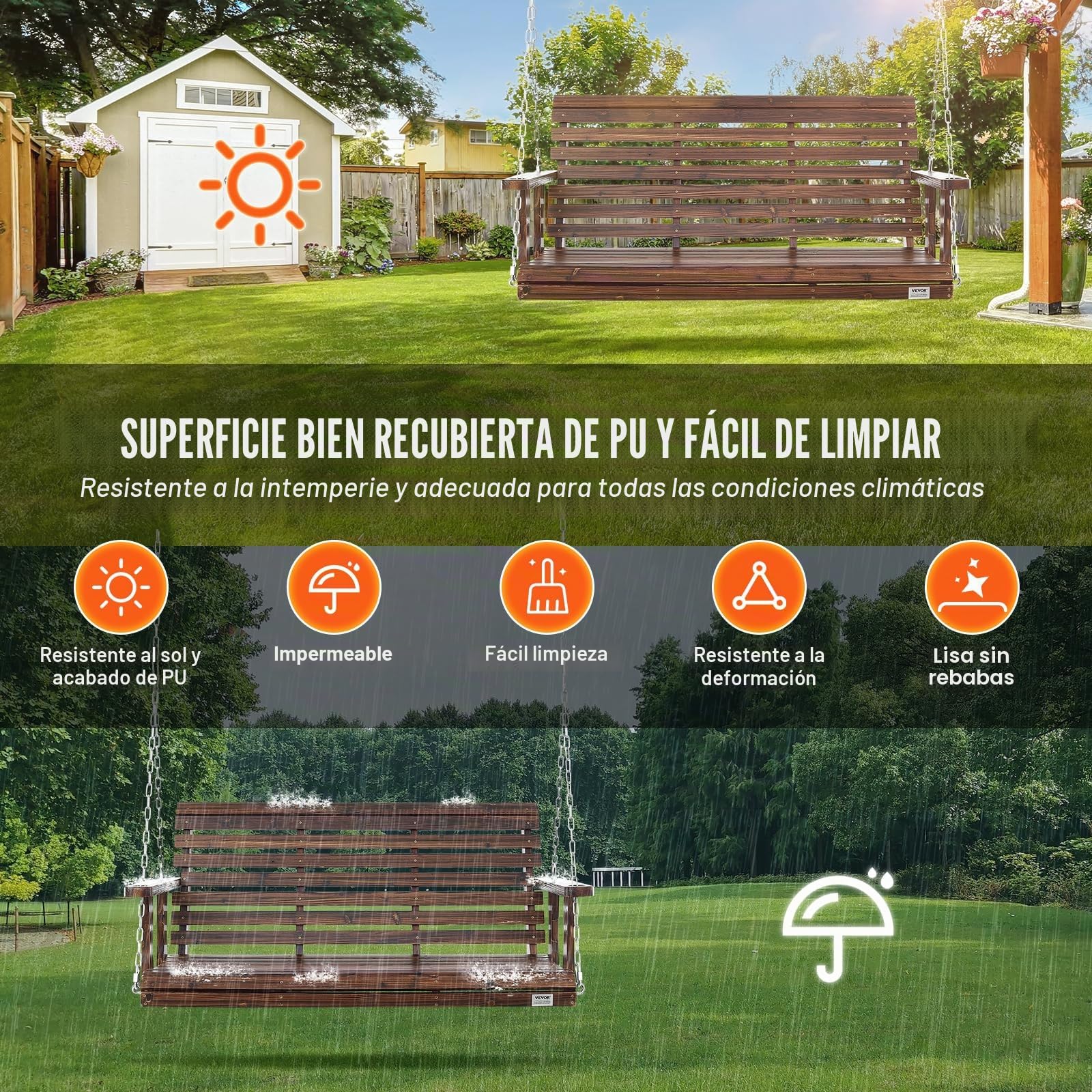 VEVOR Columpio de Madera para Porche de 4,5'', Columpio de Banco para Patio y Jardín, Capacidad de Carga Fuerte Mejorada de 880 Libras, Banco de Silla con Cadenas Colgantes, Marrón Carbonizado